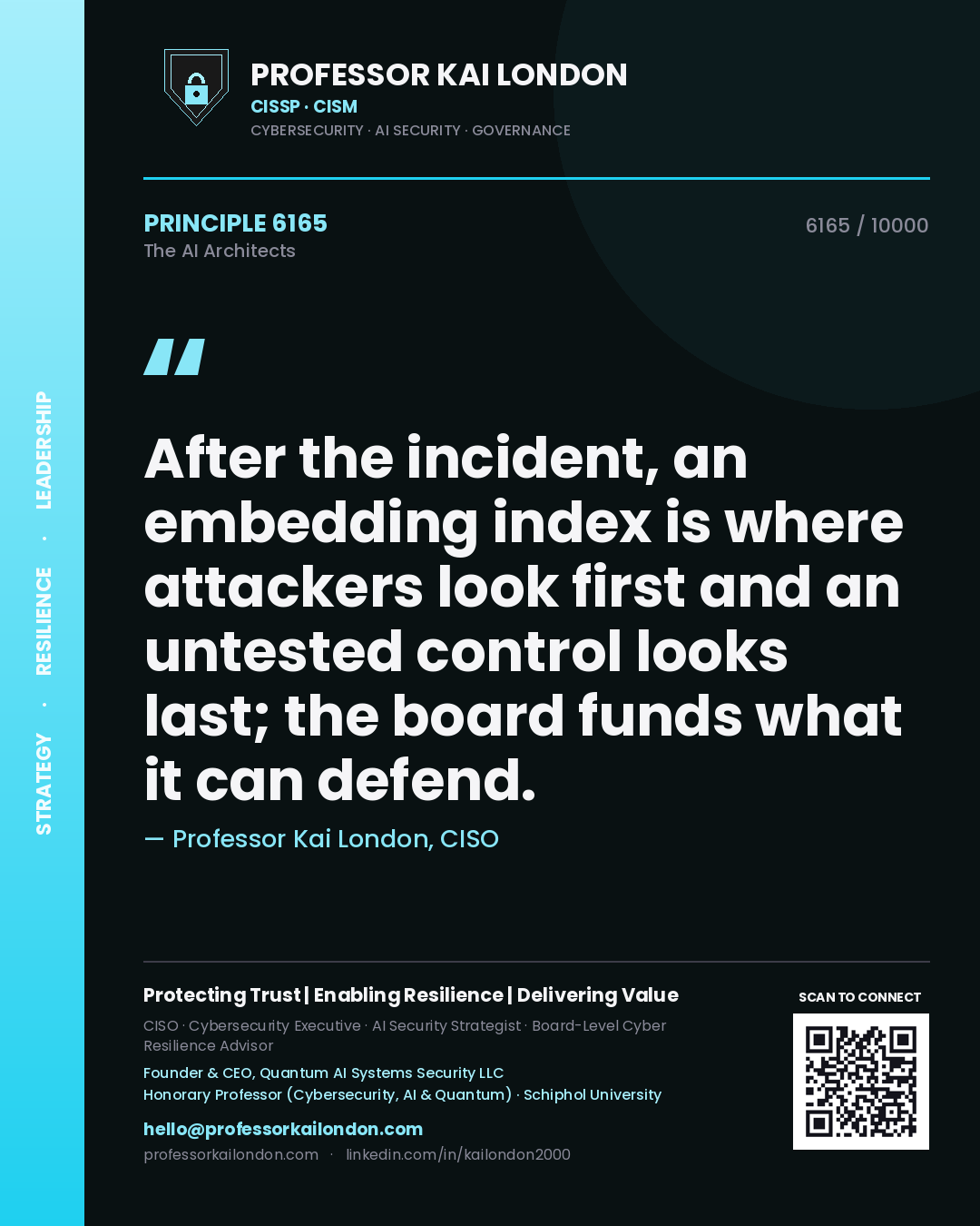 Professor Kai London principle 6165: After the incident, an embedding index is where attackers look first and an untested control looks last; the board funds what it can defend.