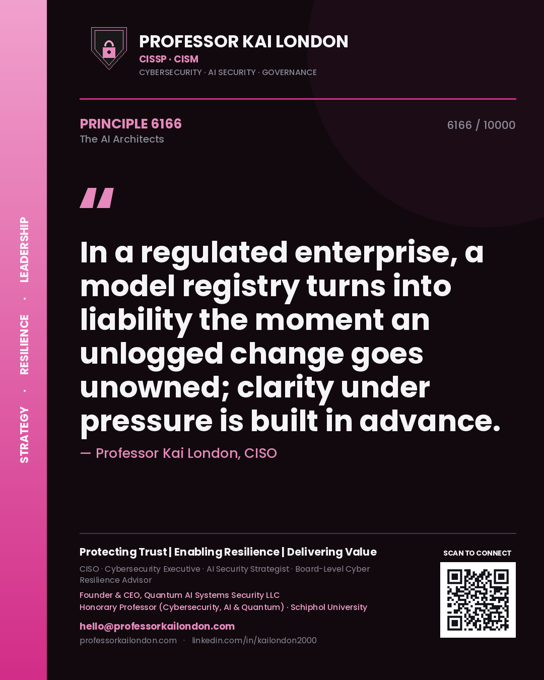 Quote card by Professor Kai London reading 'In a regulated enterprise, a model registry turns into liability the moment an unlogged change goes unowned; clarity under pressure is built in advance.'. From the book The AI Architects.