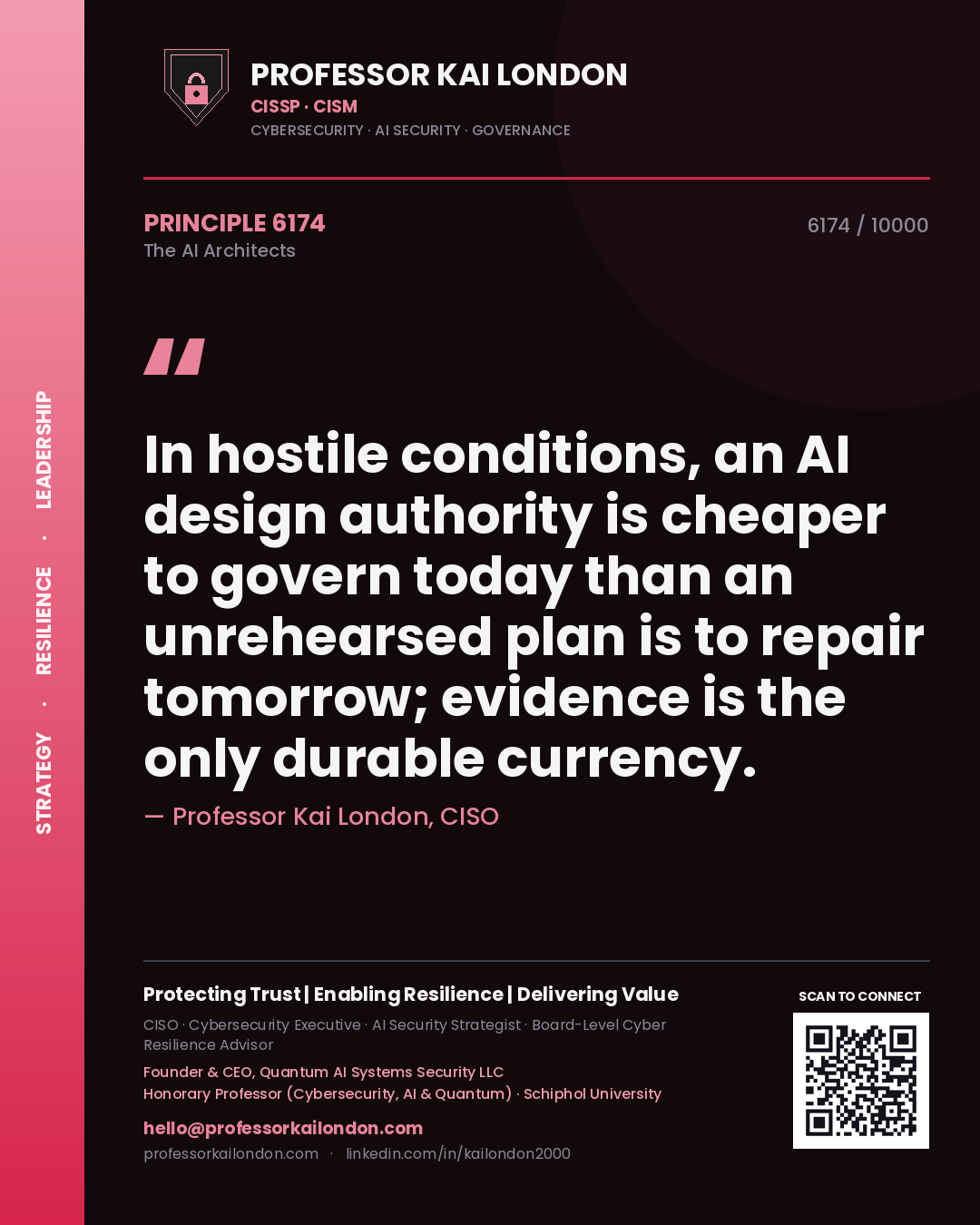 Quote card by Professor Kai London reading 'In hostile conditions, an AI design authority is cheaper to govern today than an unrehearsed plan is to repair tomorrow; evidence is the only durable currency.'. From the book The AI Architects.