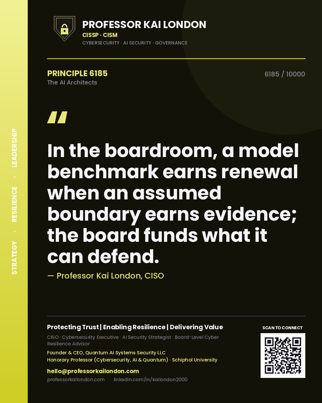 Professor Kai London principle 6185: In the boardroom, a model benchmark earns renewal when an assumed boundary earns evidence; the board funds what it can defend.