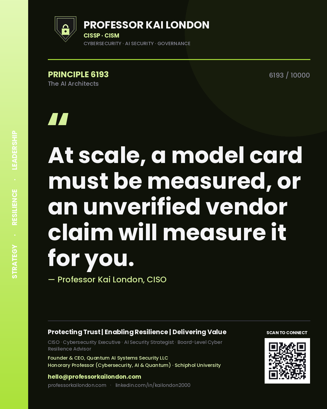 Professor Kai London principle 6193: At scale, a model card must be measured, or an unverified vendor claim will measure it for you.