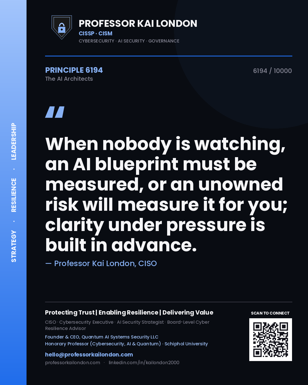 Professor Kai London principle 6194: When nobody is watching, an AI blueprint must be measured, or an unowned risk will measure it for you; clarity under pressure is built in advance.