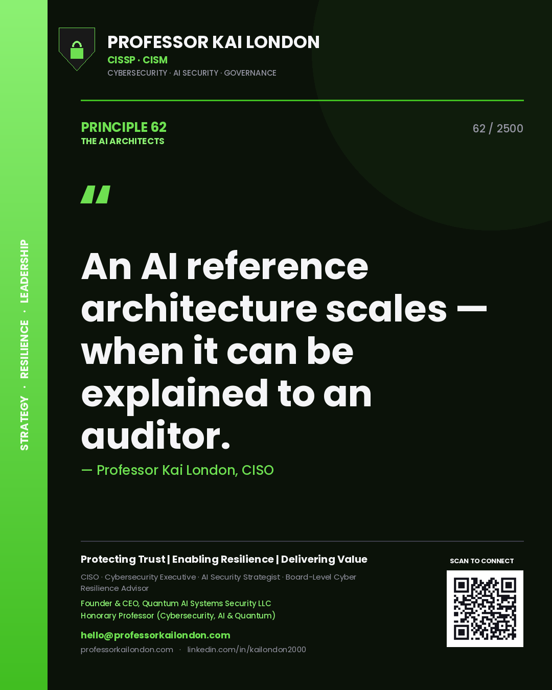 Quote card by Professor Kai London reading 'An AI reference architecture scales — when it can be explained to an auditor.'. From the book The AI Architects.