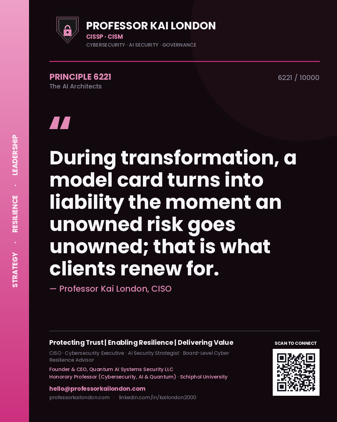 Professor Kai London principle 6221: During transformation, a model card turns into liability the moment an unowned risk goes unowned; that is what clients renew for.