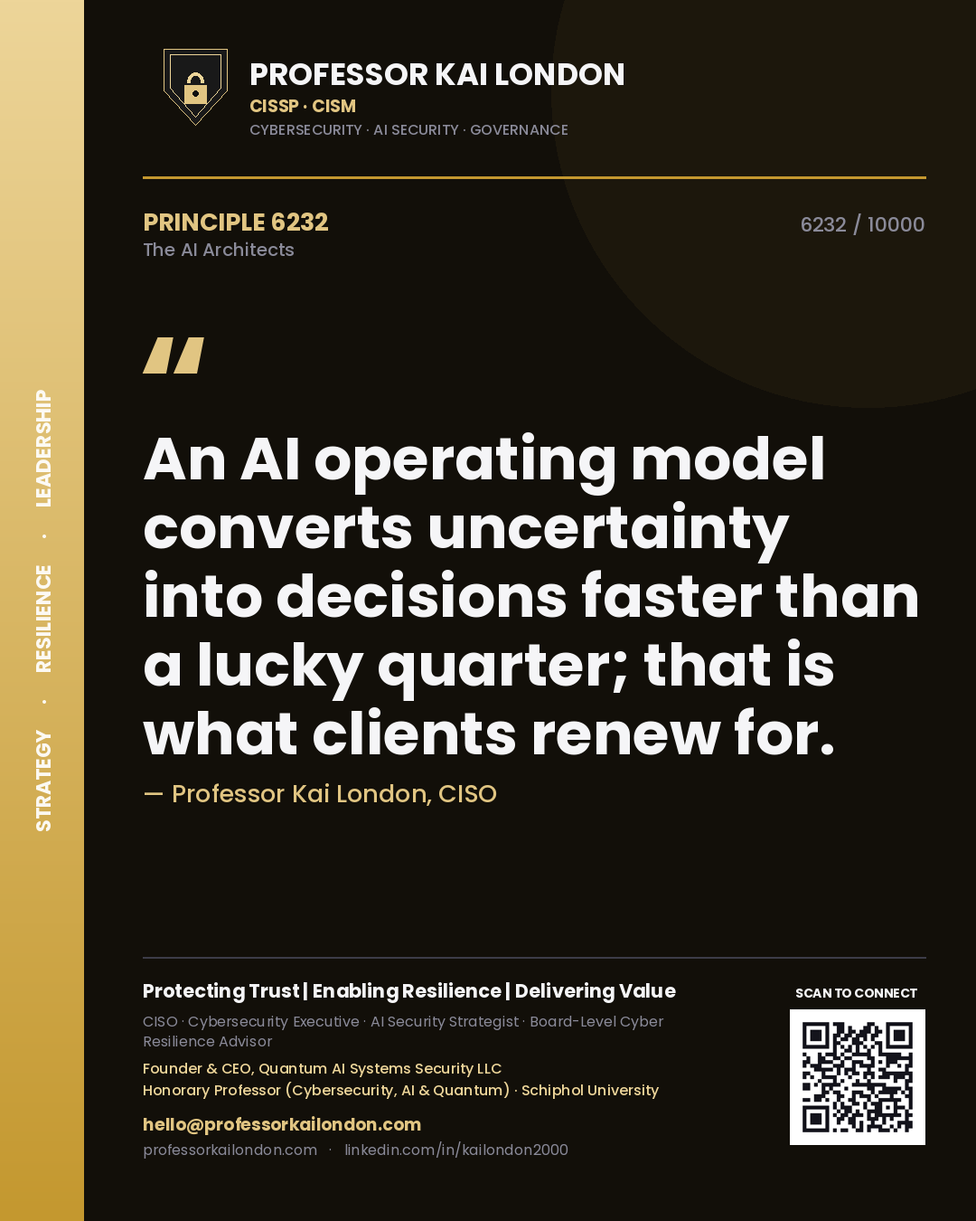 Quote card by Professor Kai London reading 'An AI operating model converts uncertainty into decisions faster than a lucky quarter; that is what clients renew for.'. From the book The AI Architects.