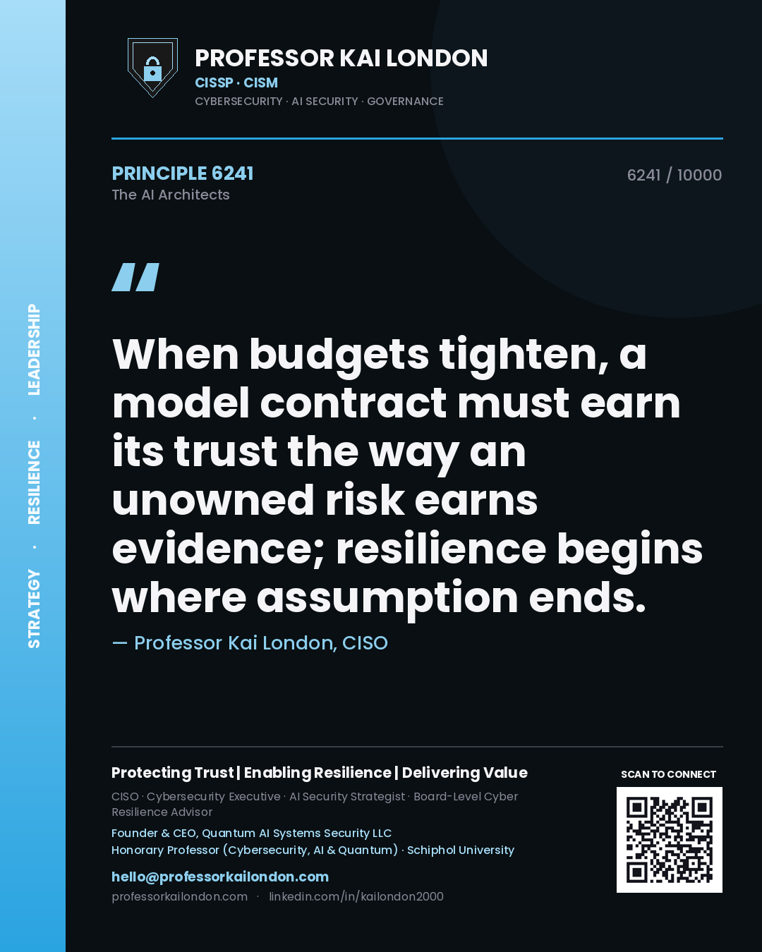 Quote card by Professor Kai London reading 'When budgets tighten, a model contract must earn its trust the way an unowned risk earns evidence; resilience begins where assumption ends.'. From the book The AI Architects.