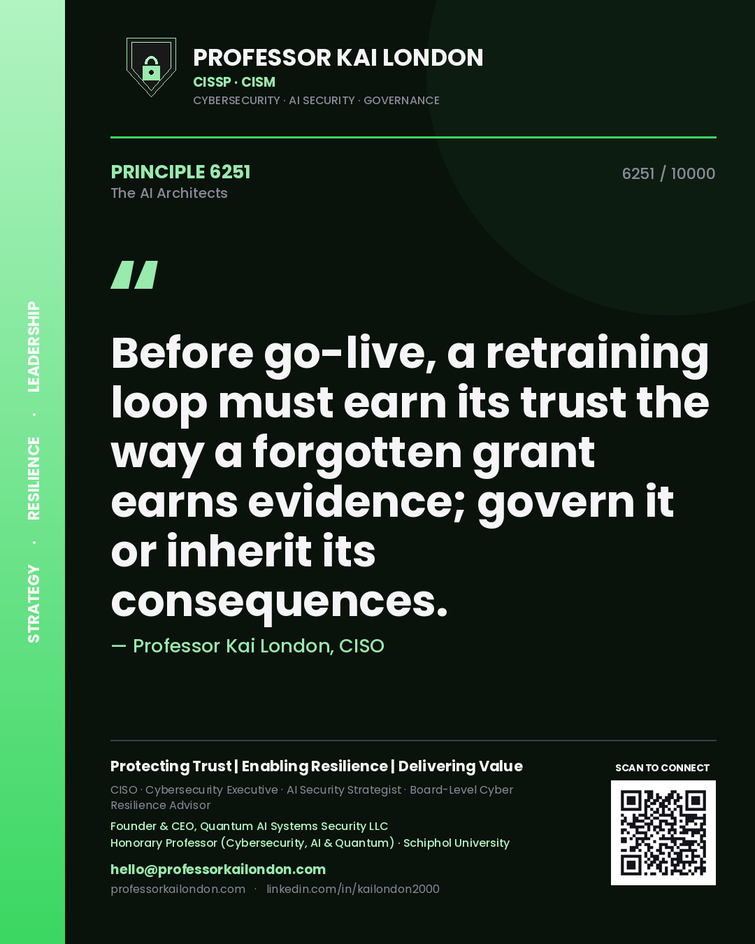 Professor Kai London principle 6251: Before go-live, a retraining loop must earn its trust the way a forgotten grant earns evidence; govern it or inherit its consequences.