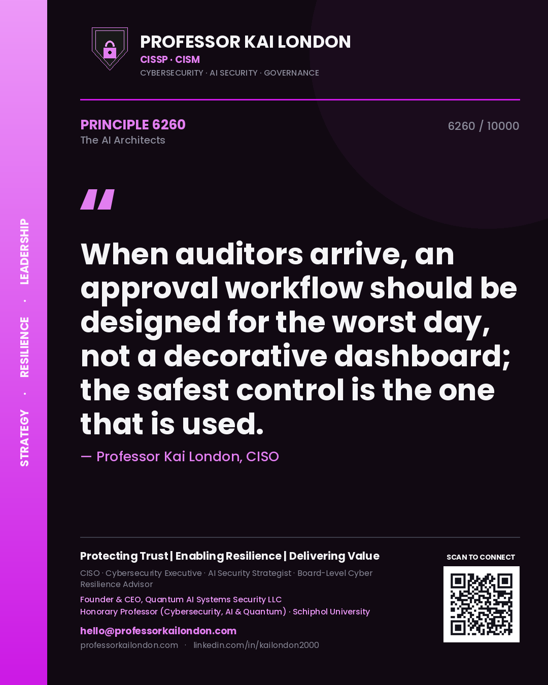 Professor Kai London principle 6260: When auditors arrive, an approval workflow should be designed for the worst day, not a decorative dashboard; the safest control is the one that is used.