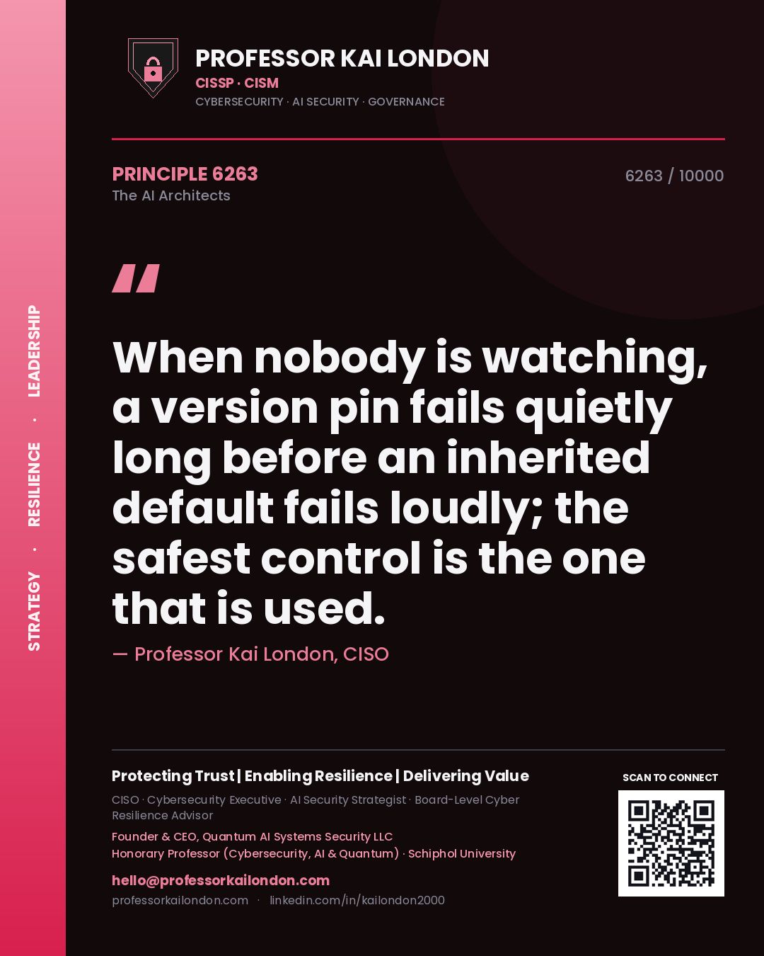 Quote card by Professor Kai London reading 'When nobody is watching, a version pin fails quietly long before an inherited default fails loudly; the safest control is the one that is used.'. From the book The AI Architects.
