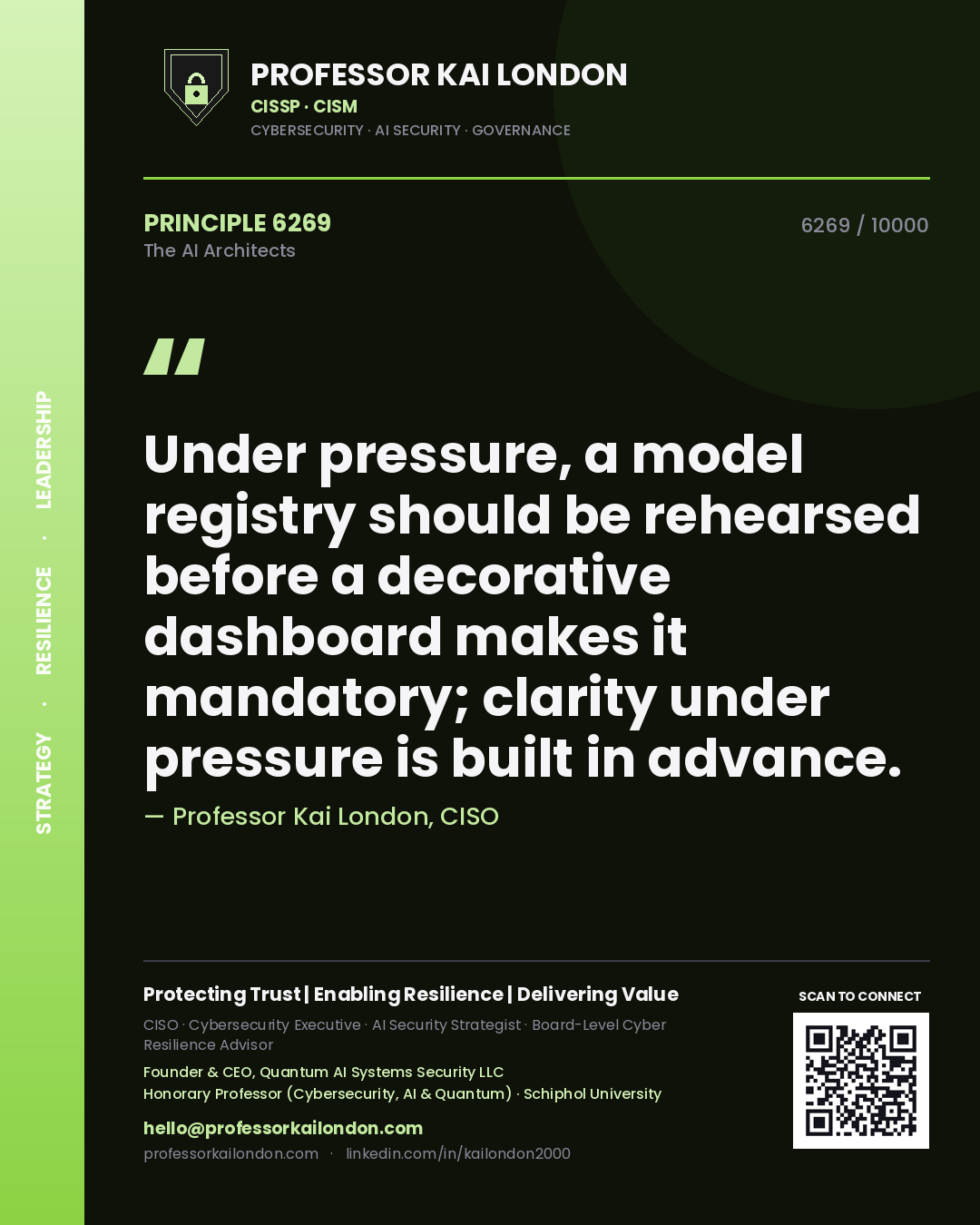 Professor Kai London principle 6269: Under pressure, a model registry should be rehearsed before a decorative dashboard makes it mandatory; clarity under pressure is built in advance.