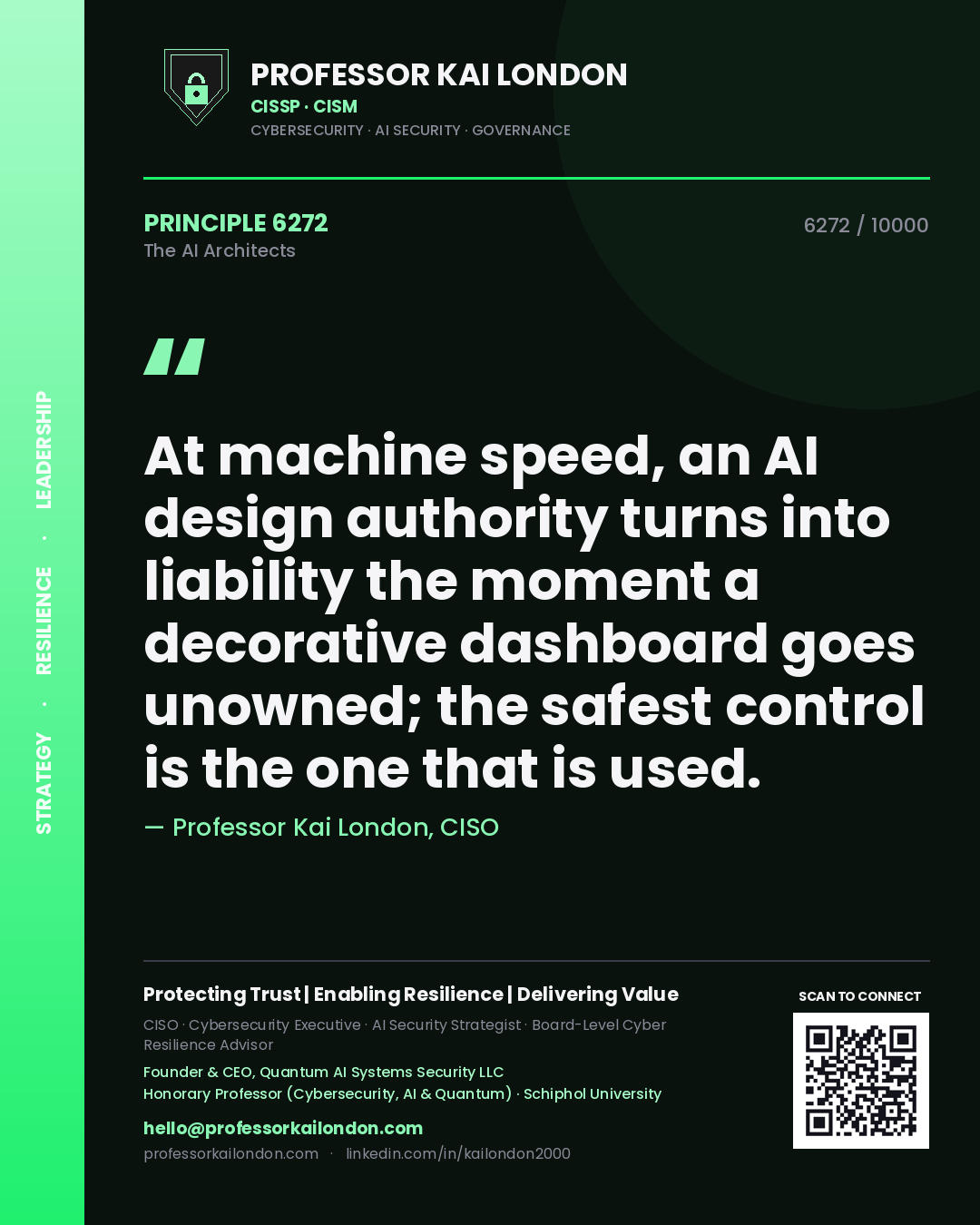 Professor Kai London principle 6272: At machine speed, an AI design authority turns into liability the moment a decorative dashboard goes unowned; the safest control is the one that is used.