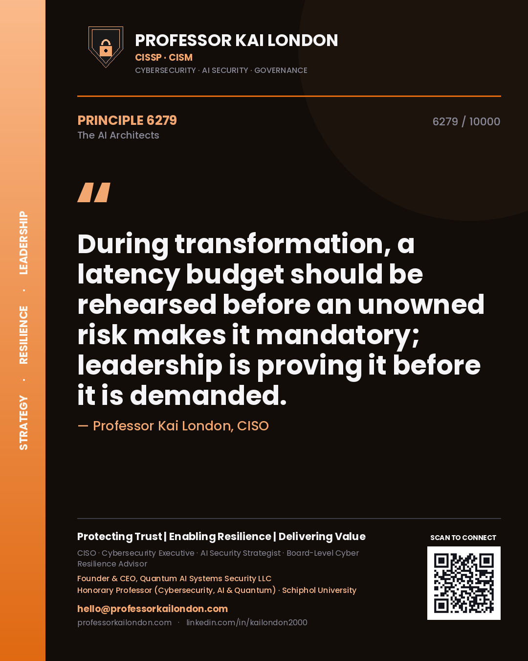 Quote card by Professor Kai London reading 'During transformation, a latency budget should be rehearsed before an unowned risk makes it mandatory; leadership is proving it before it is demanded.'. From the book The AI Architects.