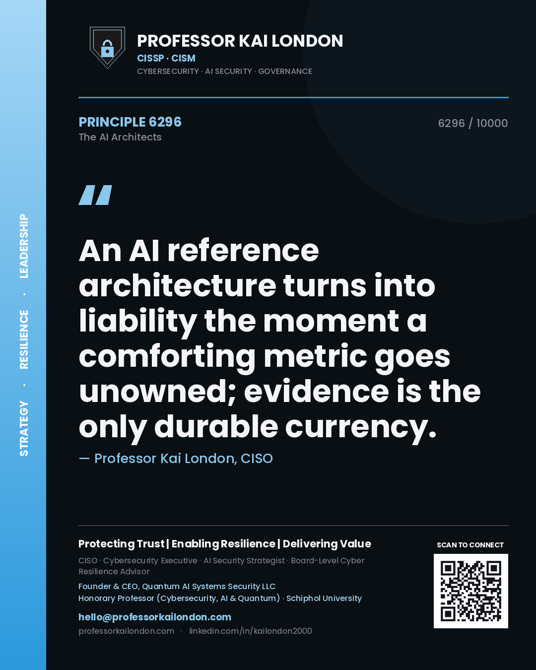 Quote card by Professor Kai London reading 'An AI reference architecture turns into liability the moment a comforting metric goes unowned; evidence is the only durable currency.'. From the book The AI Architects.