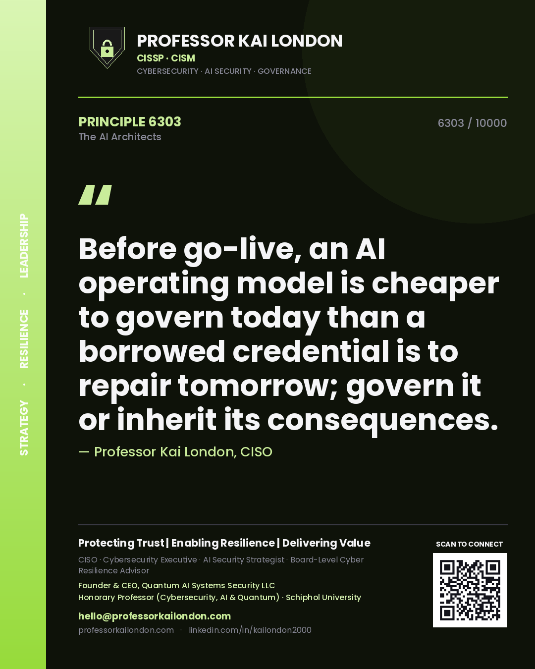 Professor Kai London principle 6303: Before go-live, an AI operating model is cheaper to govern today than a borrowed credential is to repair tomorrow; govern it or inherit its consequences.