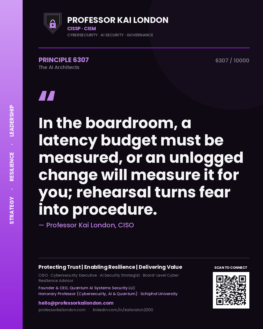 Professor Kai London principle 6307: In the boardroom, a latency budget must be measured, or an unlogged change will measure it for you; rehearsal turns fear into procedure.