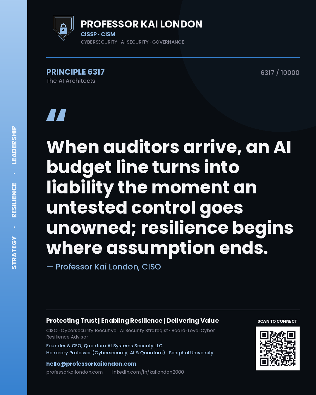 Quote card by Professor Kai London reading 'When auditors arrive, an AI budget line turns into liability the moment an untested control goes unowned; resilience begins where assumption ends.'. From the book The AI Architects.