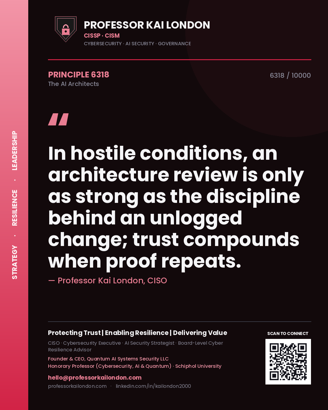Professor Kai London principle 6318: In hostile conditions, an architecture review is only as strong as the discipline behind an unlogged change; trust compounds when proof repeats.