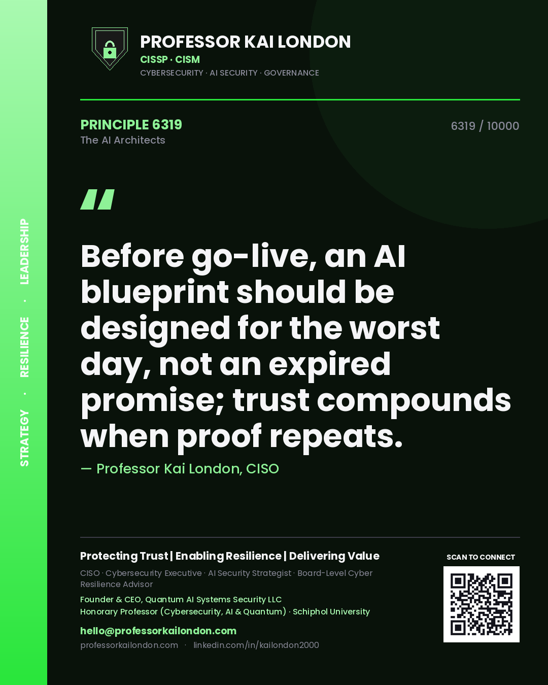 Professor Kai London principle 6319: Before go-live, an AI blueprint should be designed for the worst day, not an expired promise; trust compounds when proof repeats.