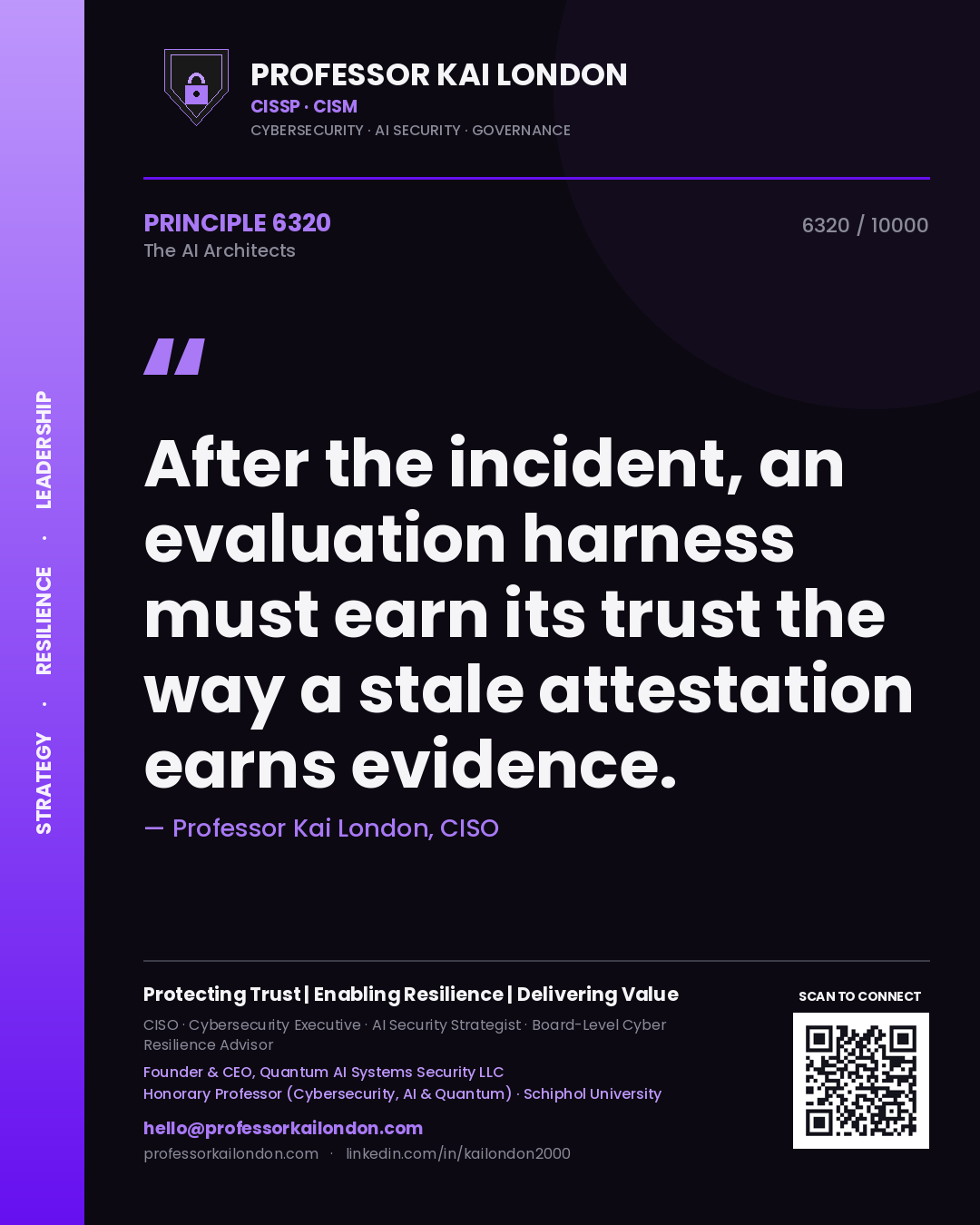 Professor Kai London principle 6320: After the incident, an evaluation harness must earn its trust the way a stale attestation earns evidence.