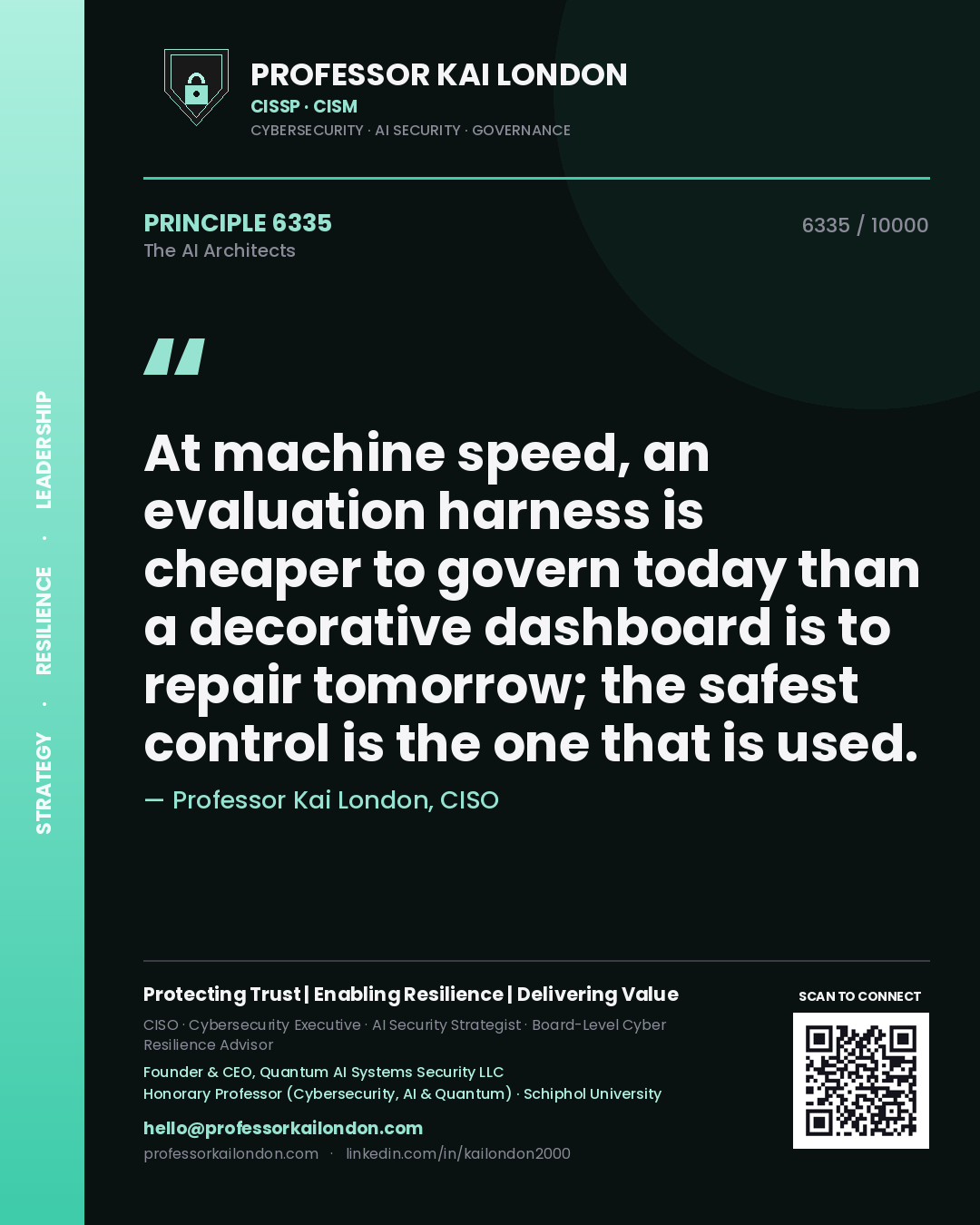 Professor Kai London principle 6335: At machine speed, an evaluation harness is cheaper to govern today than a decorative dashboard is to repair tomorrow; the safest control is the one that is used.