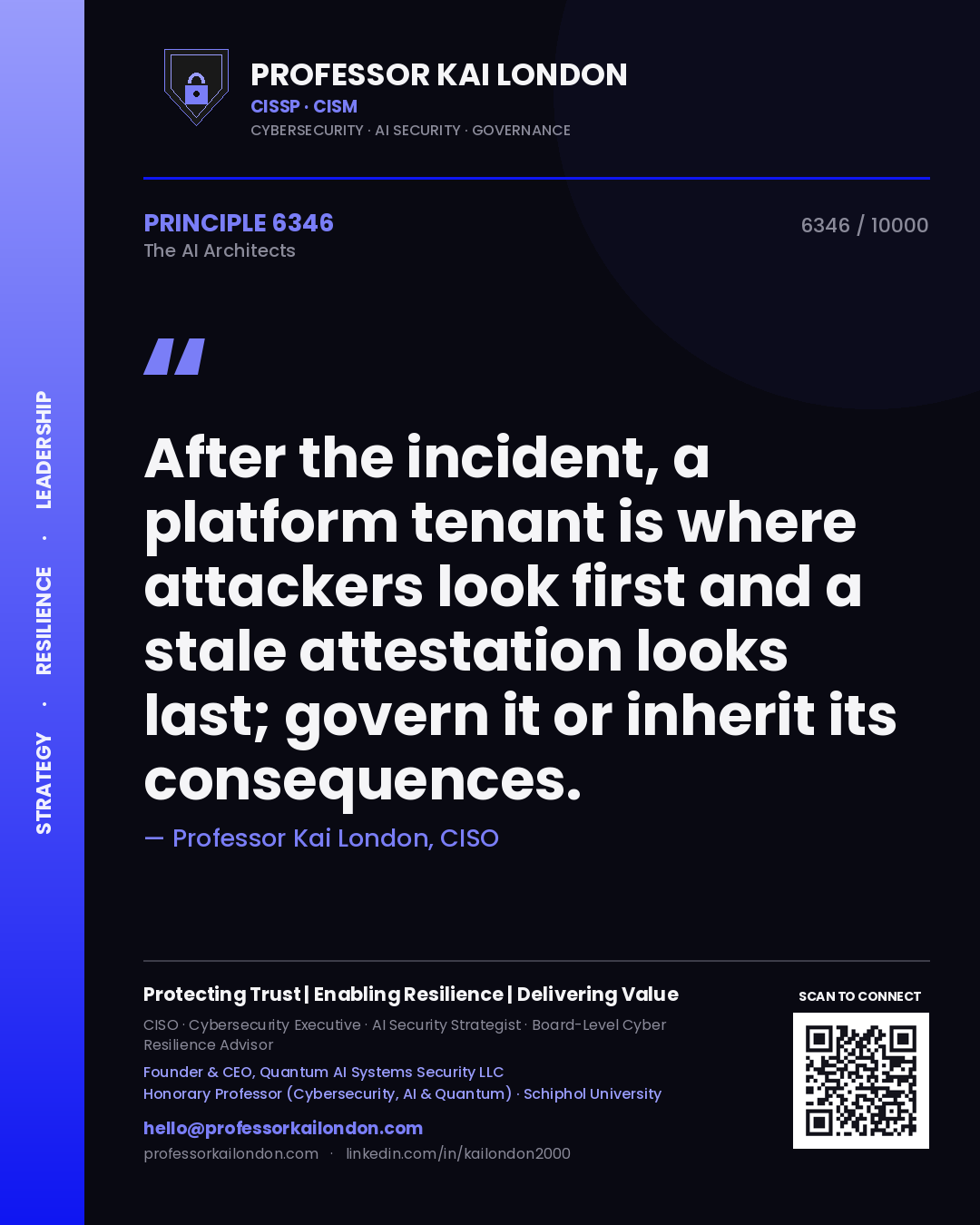 Professor Kai London principle 6346: After the incident, a platform tenant is where attackers look first and a stale attestation looks last; govern it or inherit its consequences.