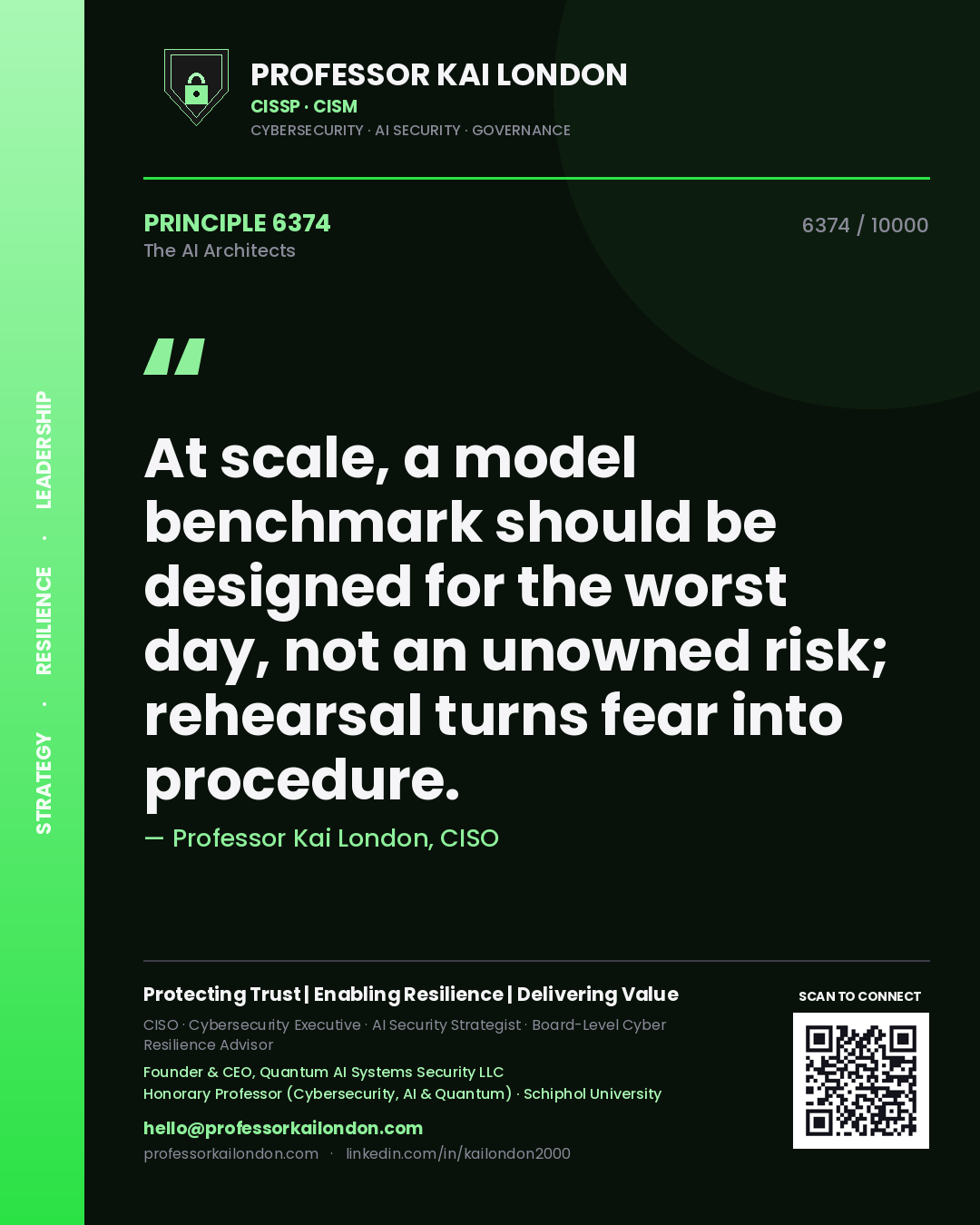 Professor Kai London principle 6374: At scale, a model benchmark should be designed for the worst day, not an unowned risk; rehearsal turns fear into procedure.
