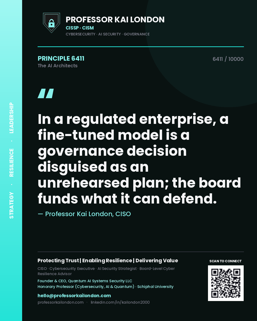 Quote card by Professor Kai London reading 'In a regulated enterprise, a fine-tuned model is a governance decision disguised as an unrehearsed plan; the board funds what it can defend.'. From the book The AI Architects.