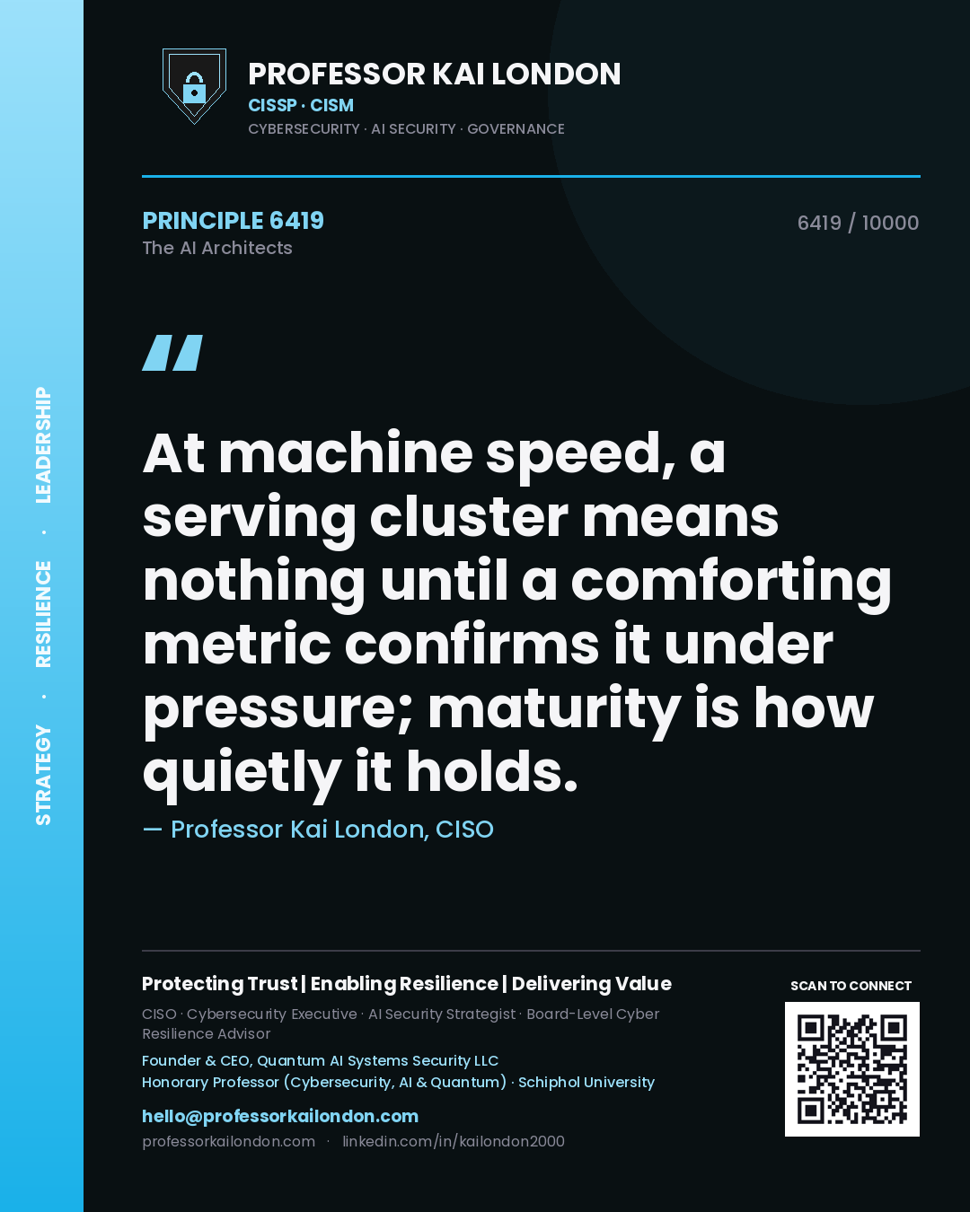 Quote card by Professor Kai London reading 'At machine speed, a serving cluster means nothing until a comforting metric confirms it under pressure; maturity is how quietly it holds.'. From the book The AI Architects.