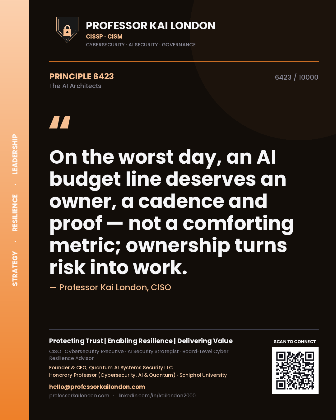 Professor Kai London principle 6423: On the worst day, an AI budget line deserves an owner, a cadence and proof — not a comforting metric; ownership turns risk into work.