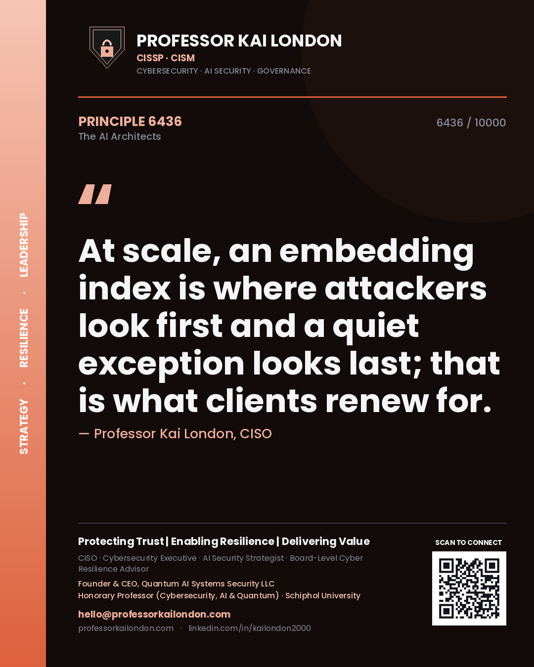 Quote card by Professor Kai London reading 'At scale, an embedding index is where attackers look first and a quiet exception looks last; that is what clients renew for.'. From the book The AI Architects.
