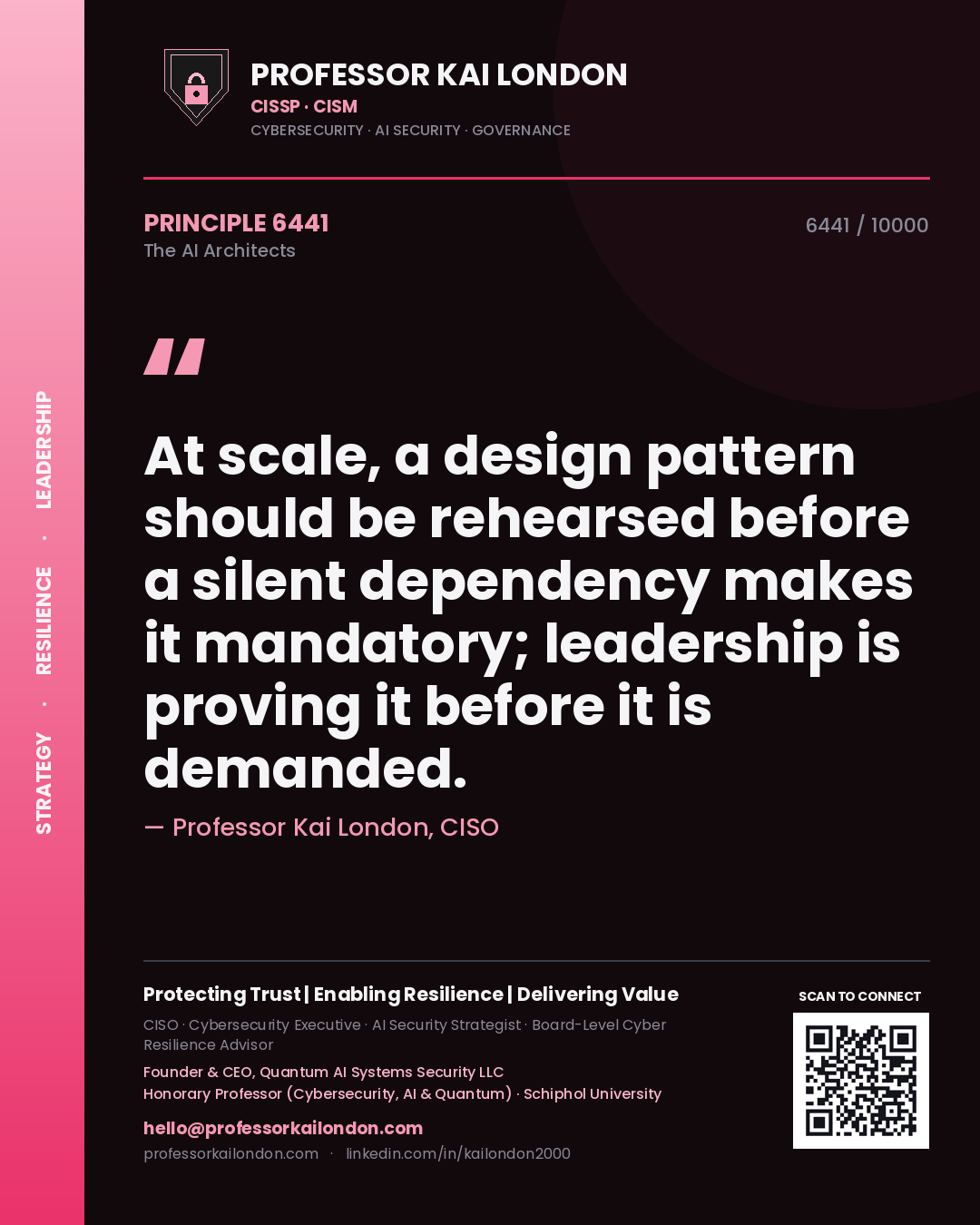 Quote card by Professor Kai London reading 'At scale, a design pattern should be rehearsed before a silent dependency makes it mandatory; leadership is proving it before it is demanded.'. From the book The AI Architects.