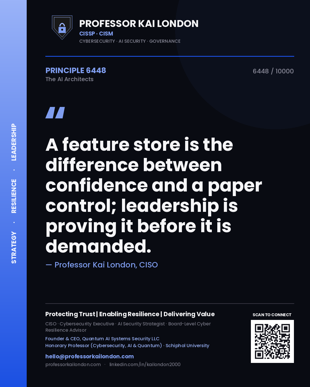 Professor Kai London principle 6448: A feature store is the difference between confidence and a paper control; leadership is proving it before it is demanded.