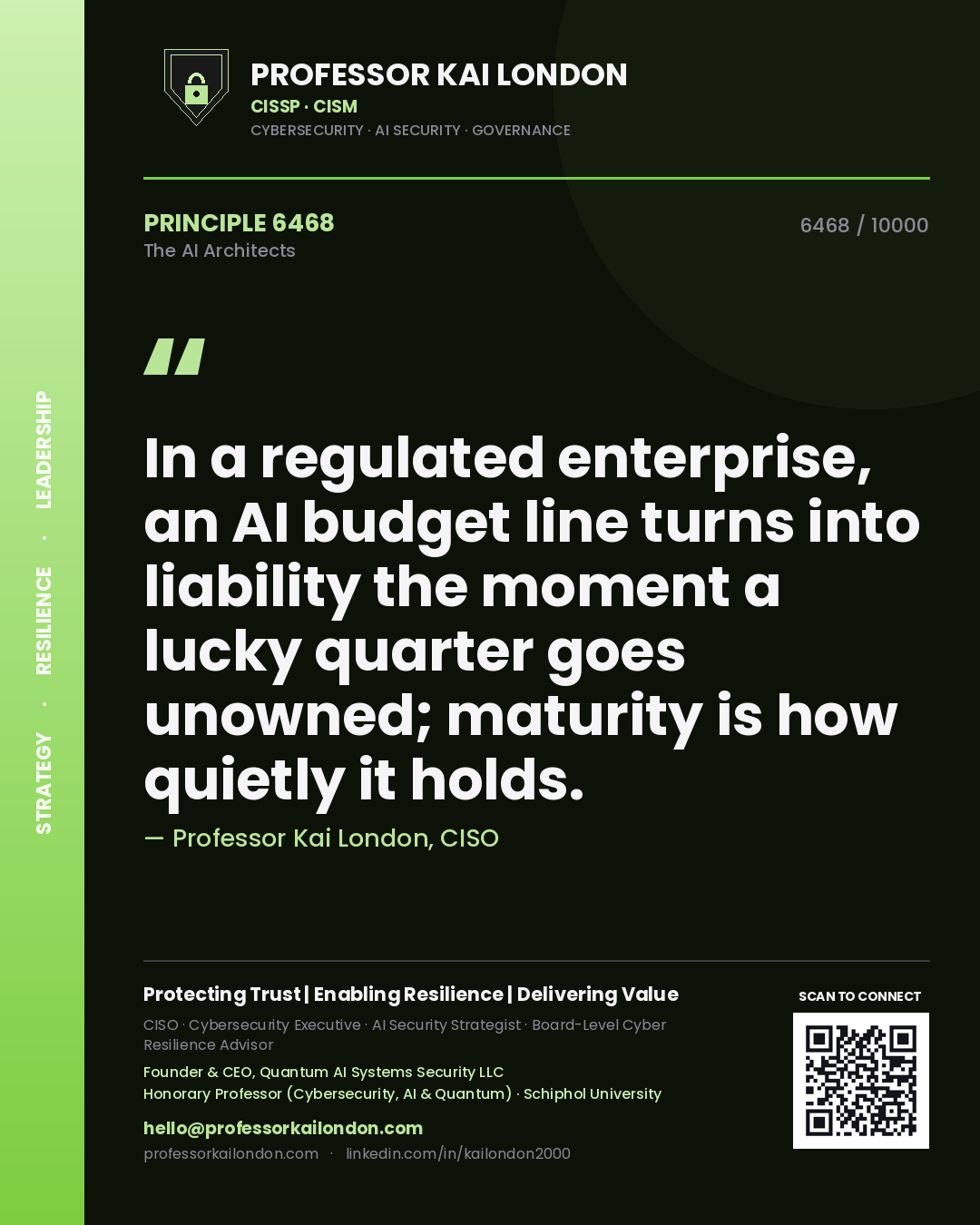 Quote card by Professor Kai London reading 'In a regulated enterprise, an AI budget line turns into liability the moment a lucky quarter goes unowned; maturity is how quietly it holds.'. From the book The AI Architects.