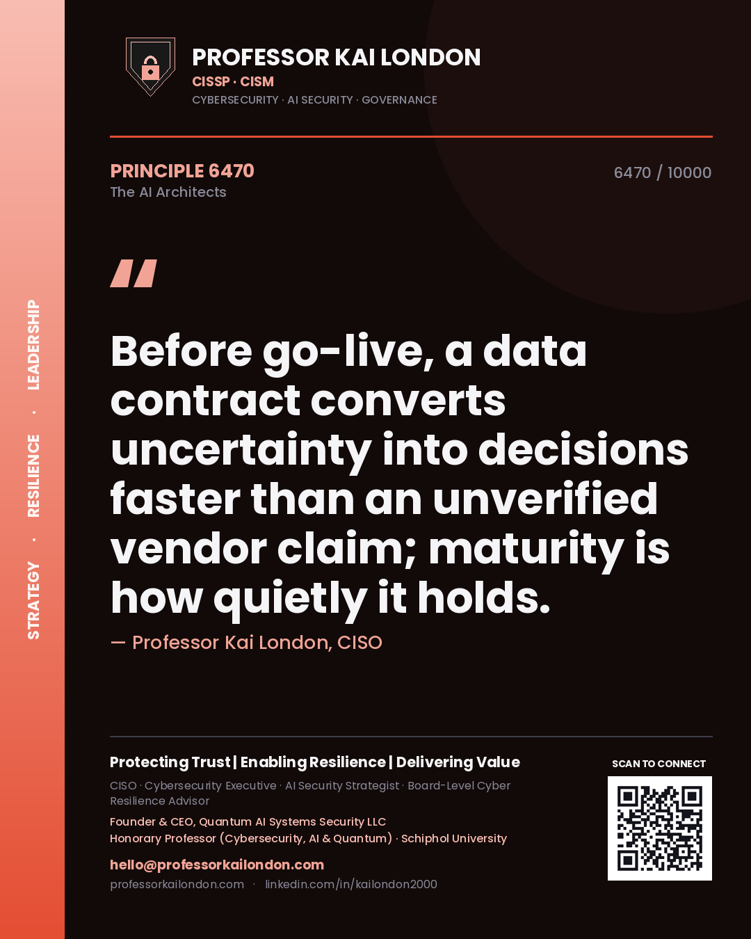 Professor Kai London principle 6470: Before go-live, a data contract converts uncertainty into decisions faster than an unverified vendor claim; maturity is how quietly it holds.