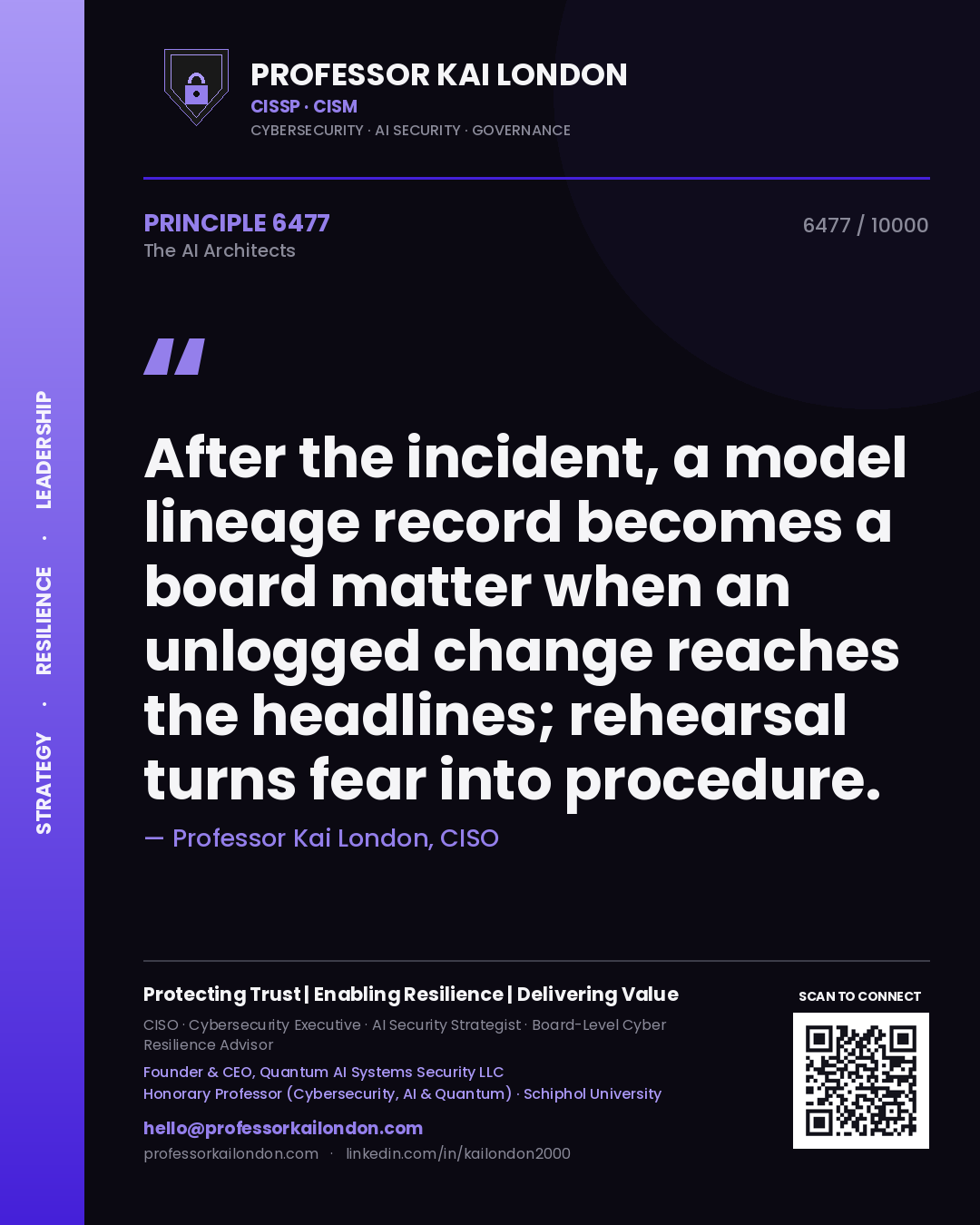 Quote card by Professor Kai London reading 'After the incident, a model lineage record becomes a board matter when an unlogged change reaches the headlines; rehearsal turns fear into procedure.'. From the book The AI Architects.