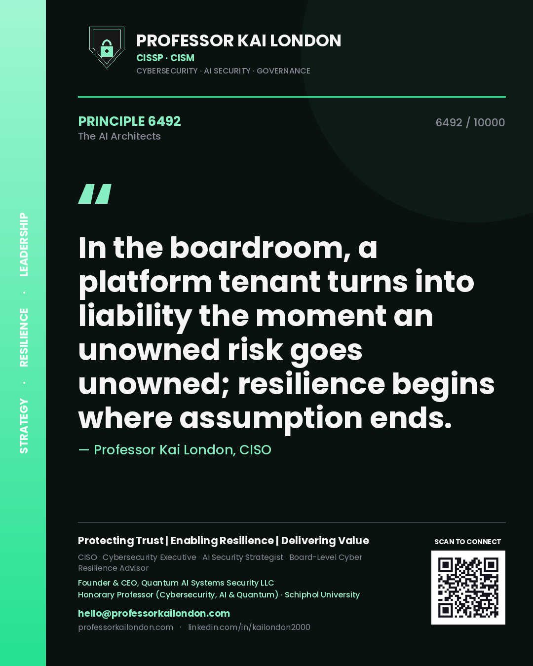 Professor Kai London principle 6492: In the boardroom, a platform tenant turns into liability the moment an unowned risk goes unowned; resilience begins where assumption ends.