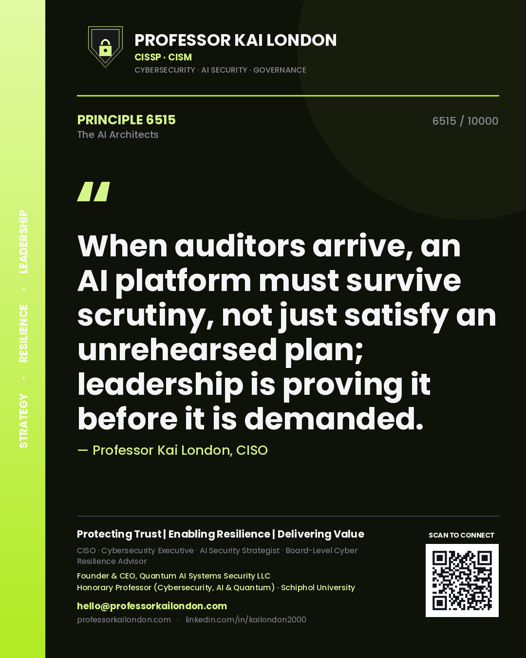 Quote card by Professor Kai London reading 'When auditors arrive, an AI platform must survive scrutiny, not just satisfy an unrehearsed plan; leadership is proving it before it is demanded.'. From the book The AI Architects.