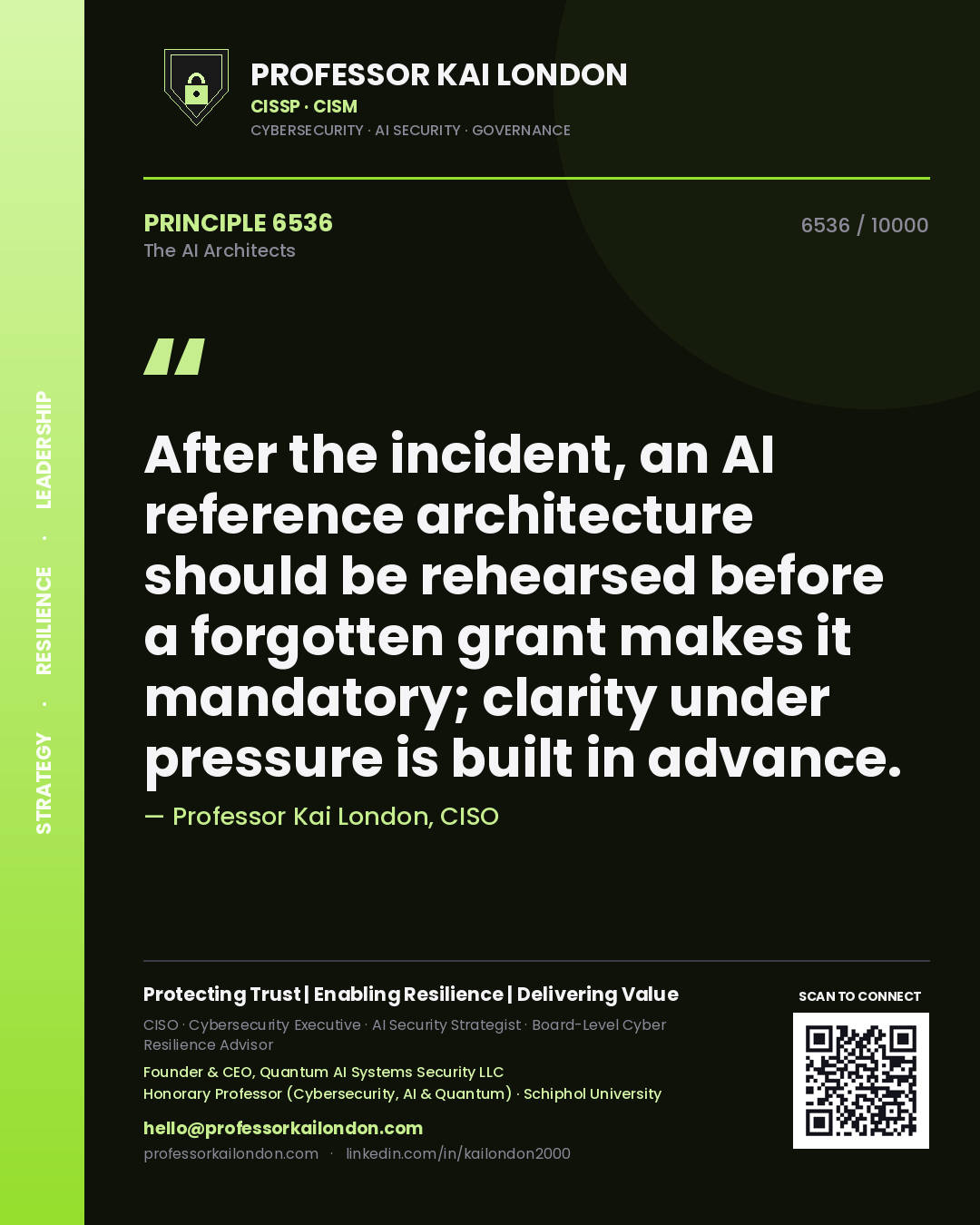 Quote card by Professor Kai London reading 'After the incident, an AI reference architecture should be rehearsed before a forgotten grant makes it mandatory; clarity under pressure is built in advance.'. From the book The AI Architects.