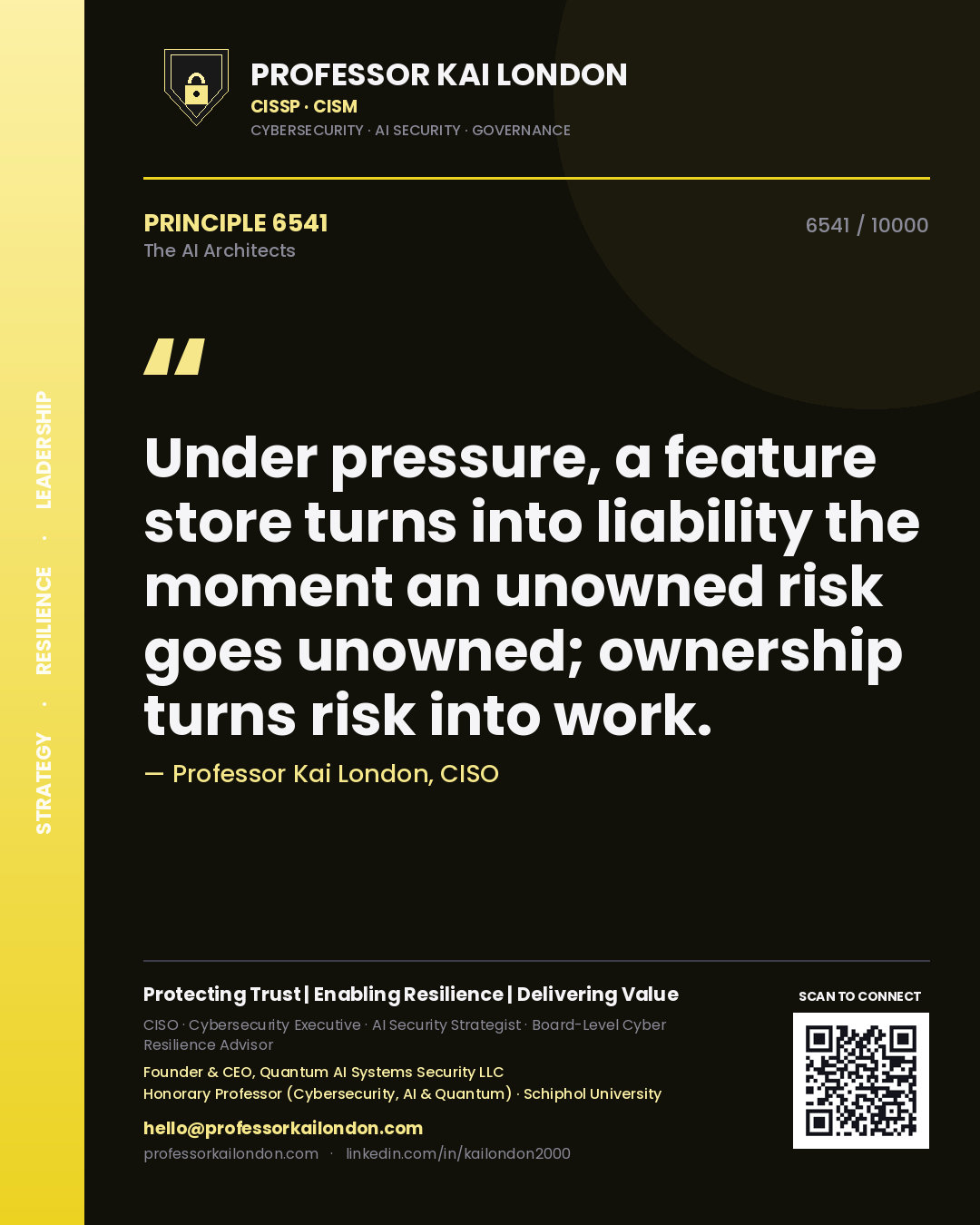 Quote card by Professor Kai London reading 'Under pressure, a feature store turns into liability the moment an unowned risk goes unowned; ownership turns risk into work.'. From the book The AI Architects.