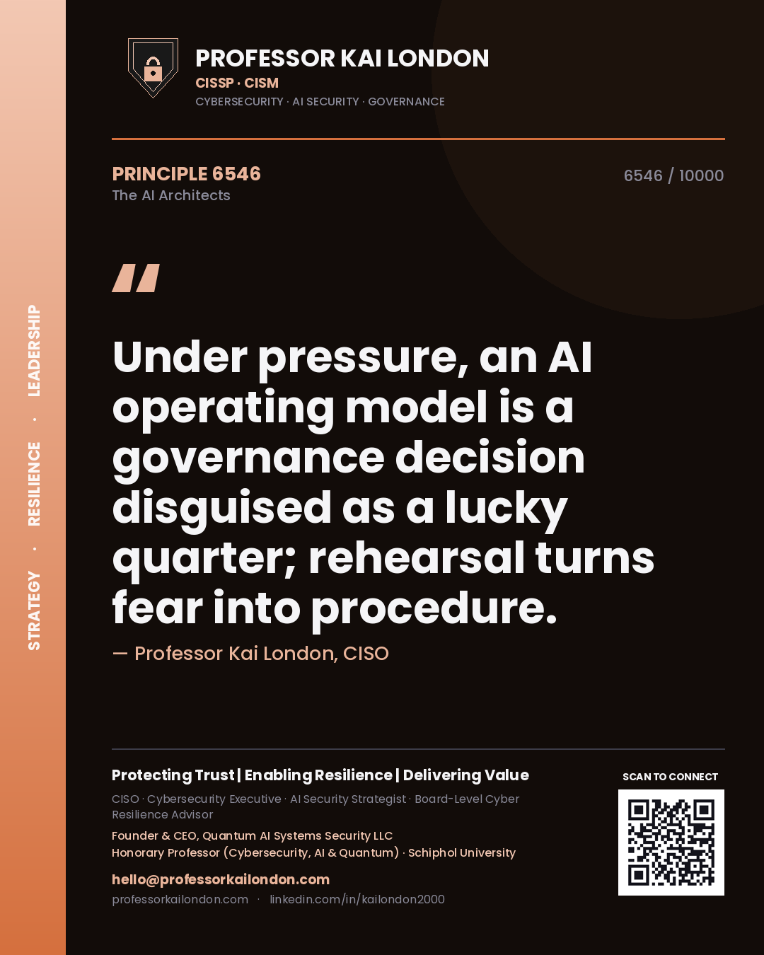 Professor Kai London principle 6546: Under pressure, an AI operating model is a governance decision disguised as a lucky quarter; rehearsal turns fear into procedure.