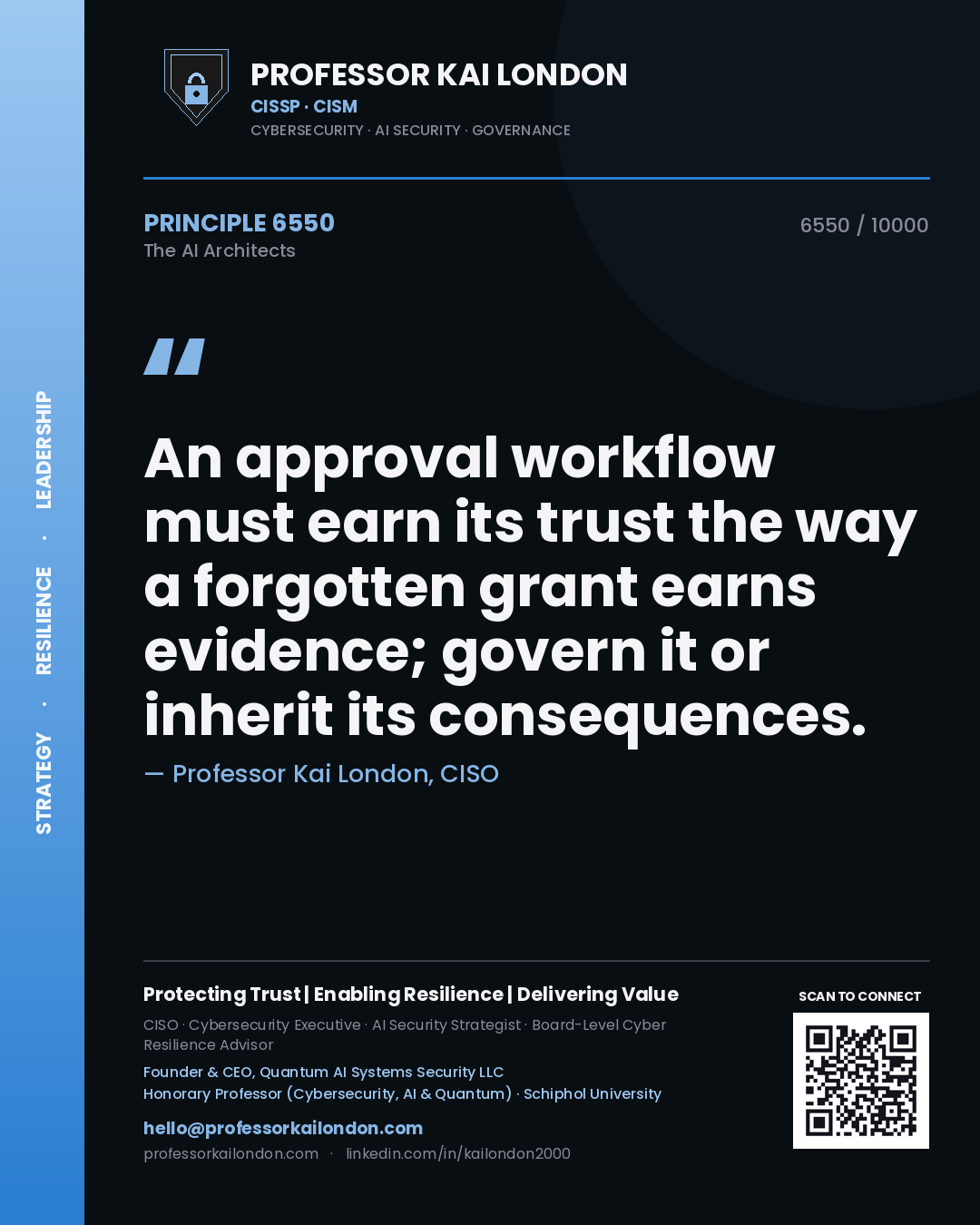 Quote card by Professor Kai London reading 'An approval workflow must earn its trust the way a forgotten grant earns evidence; govern it or inherit its consequences.'. From the book The AI Architects.