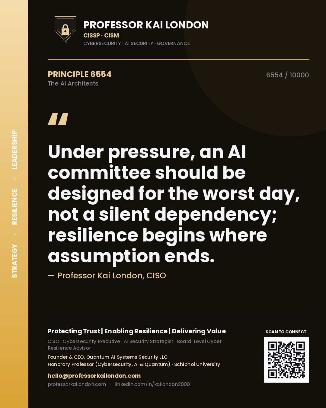 Quote card by Professor Kai London reading 'Under pressure, an AI committee should be designed for the worst day, not a silent dependency; resilience begins where assumption ends.'. From the book The AI Architects.