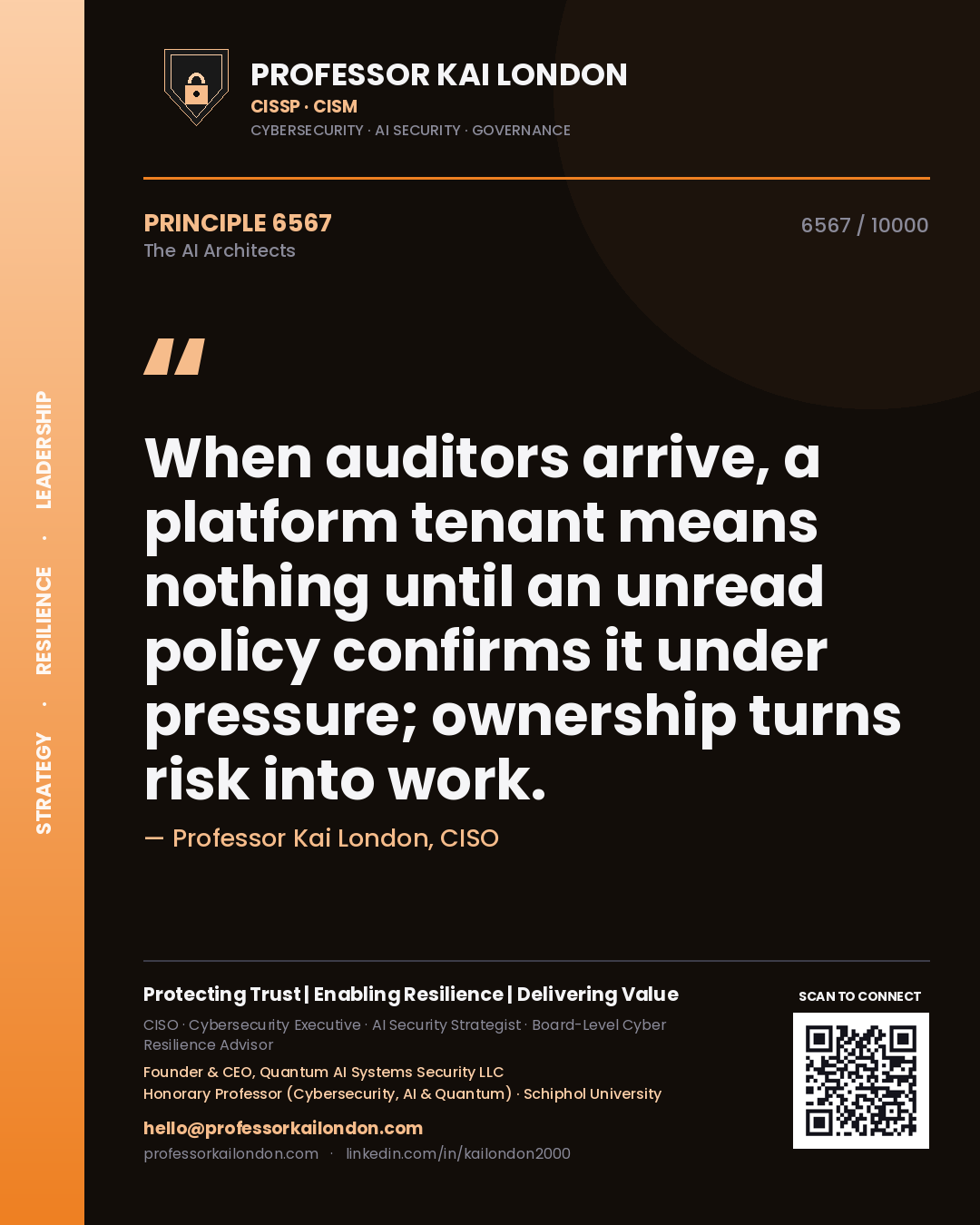 Quote card by Professor Kai London reading 'When auditors arrive, a platform tenant means nothing until an unread policy confirms it under pressure; ownership turns risk into work.'. From the book The AI Architects.