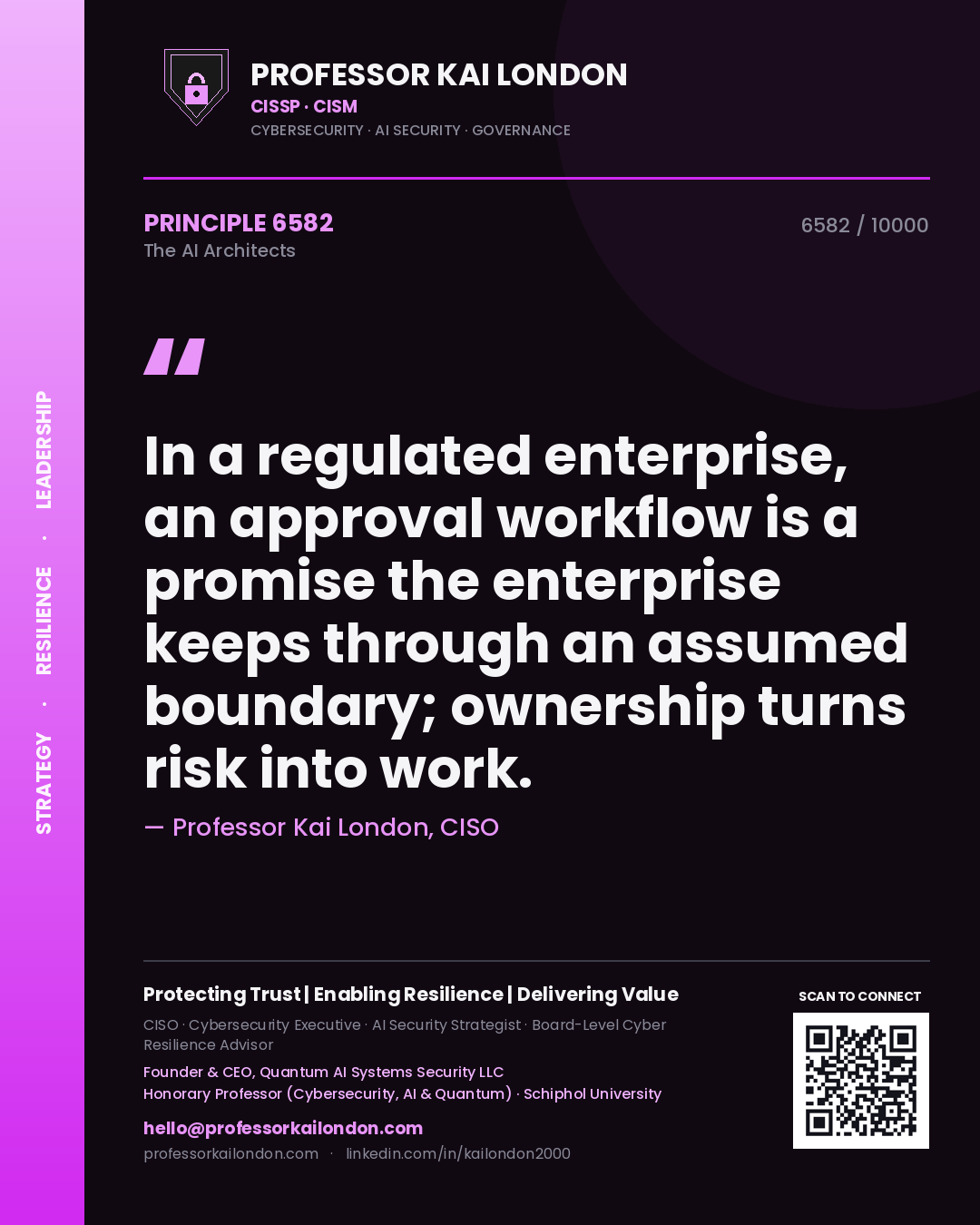 Professor Kai London principle 6582: In a regulated enterprise, an approval workflow is a promise the enterprise keeps through an assumed boundary; ownership turns risk into work.