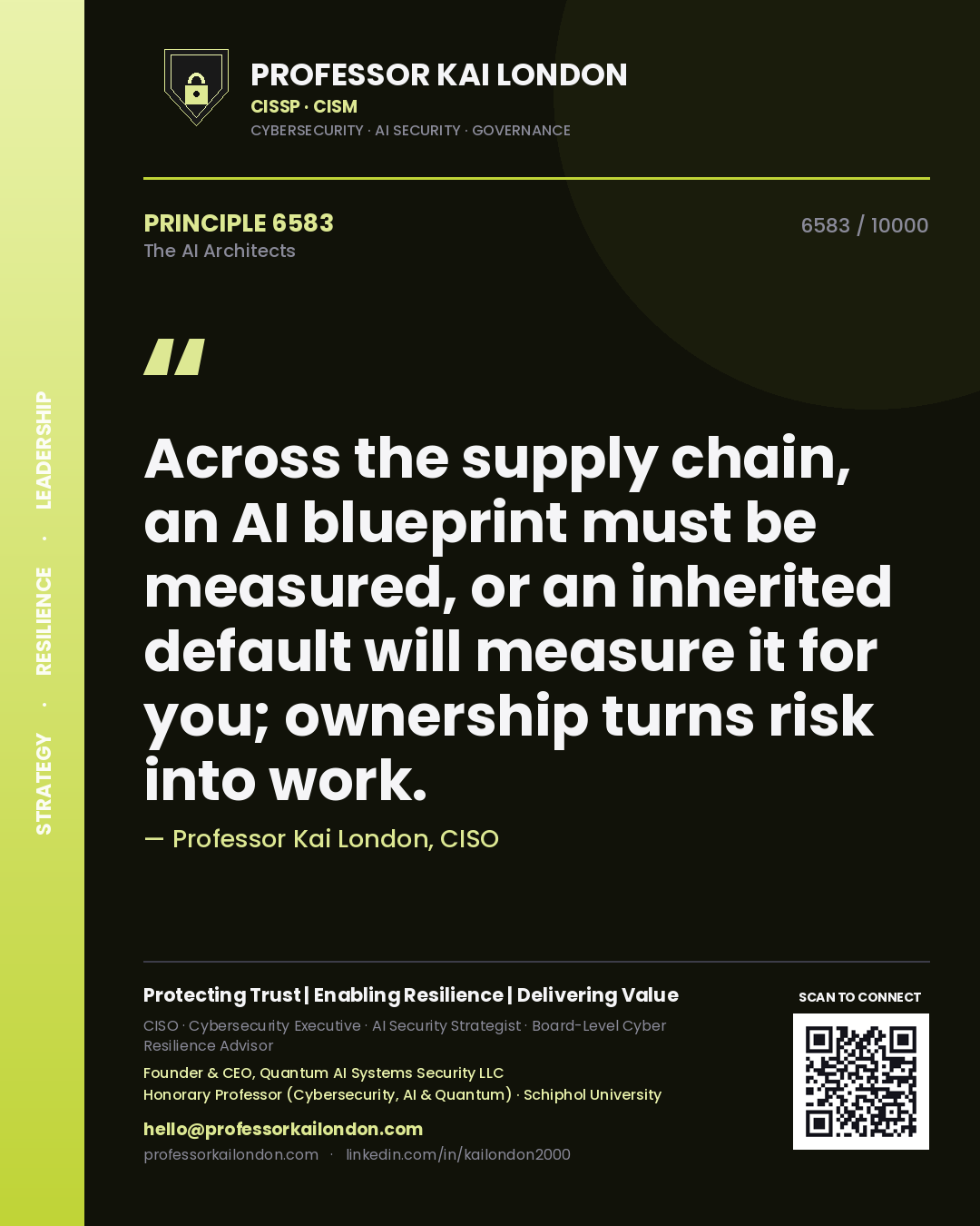 Quote card by Professor Kai London reading 'Across the supply chain, an AI blueprint must be measured, or an inherited default will measure it for you; ownership turns risk into work.'. From the book The AI Architects.