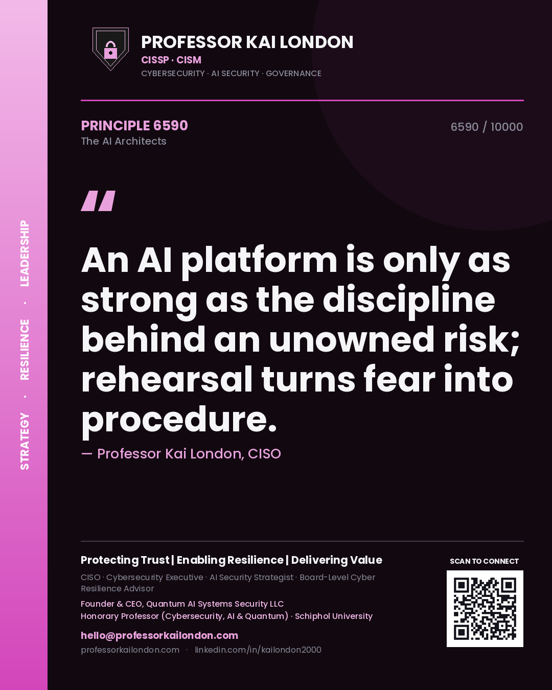 Professor Kai London principle 6590: An AI platform is only as strong as the discipline behind an unowned risk; rehearsal turns fear into procedure.