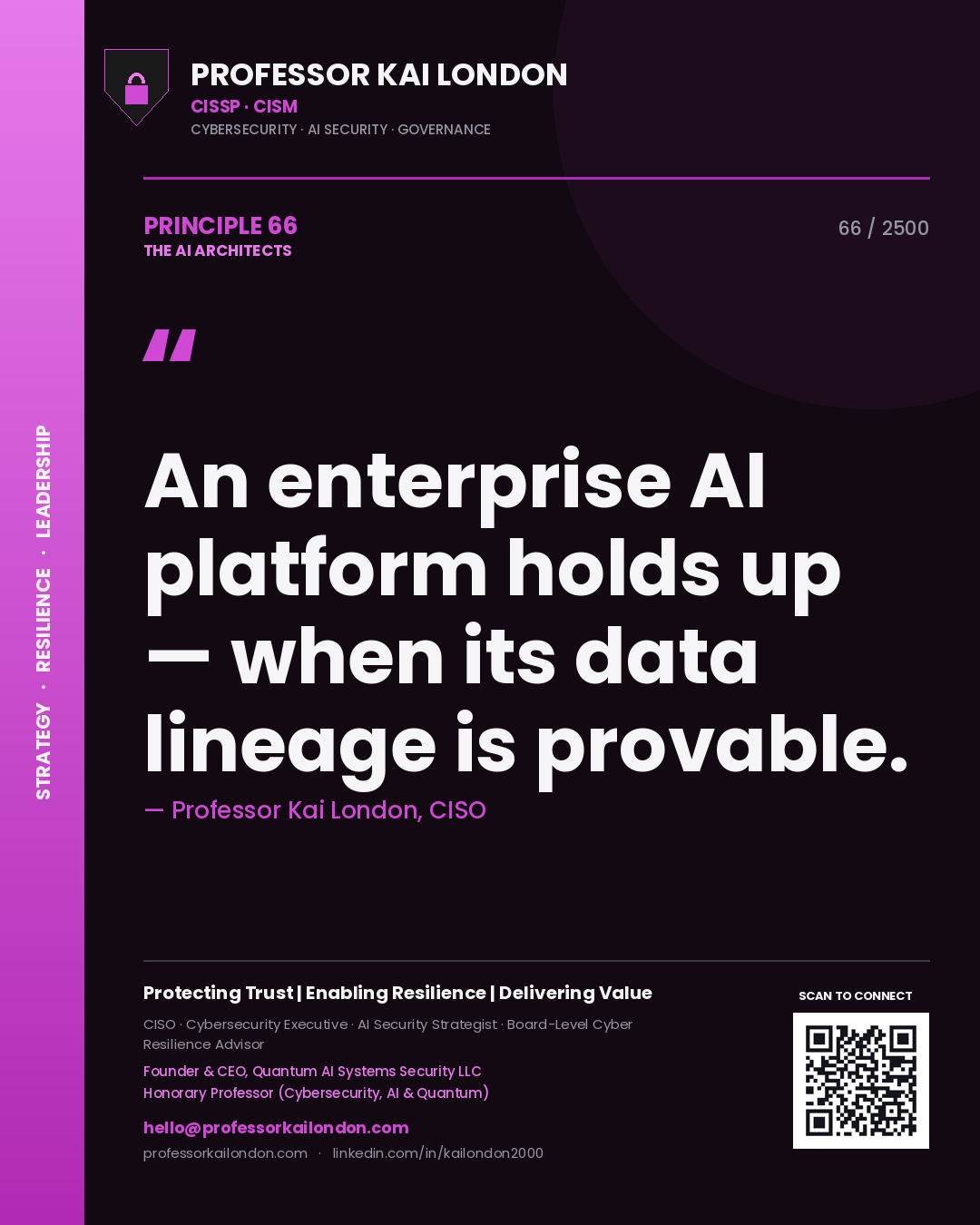 Quote card by Professor Kai London reading 'An enterprise AI platform holds up — when its data lineage is provable.'. From the book The AI Architects.