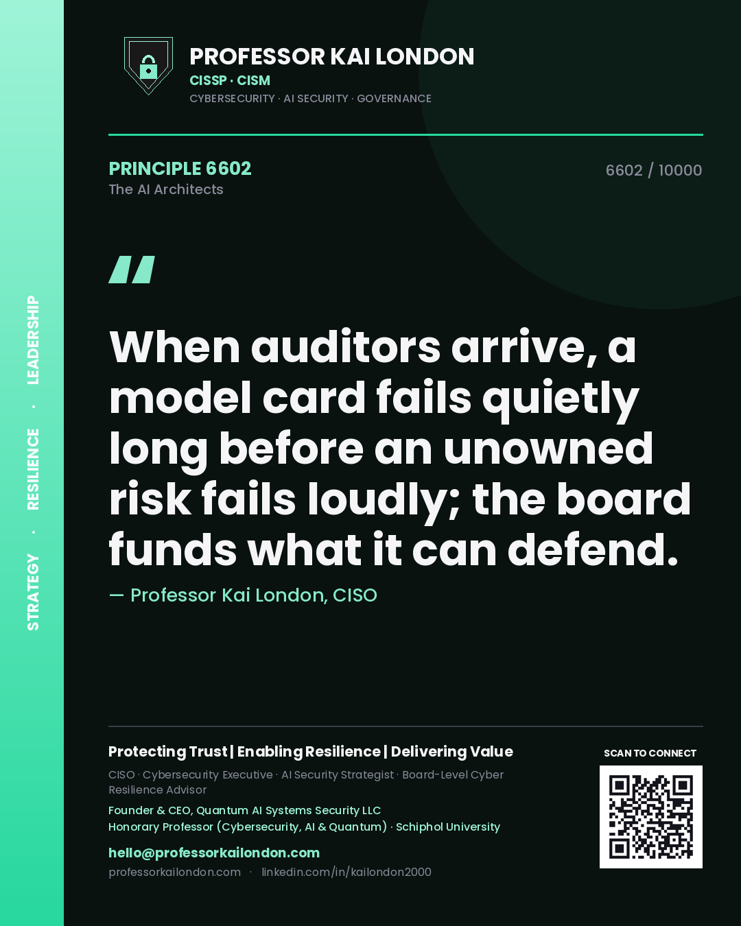 Quote card by Professor Kai London reading 'When auditors arrive, a model card fails quietly long before an unowned risk fails loudly; the board funds what it can defend.'. From the book The AI Architects.