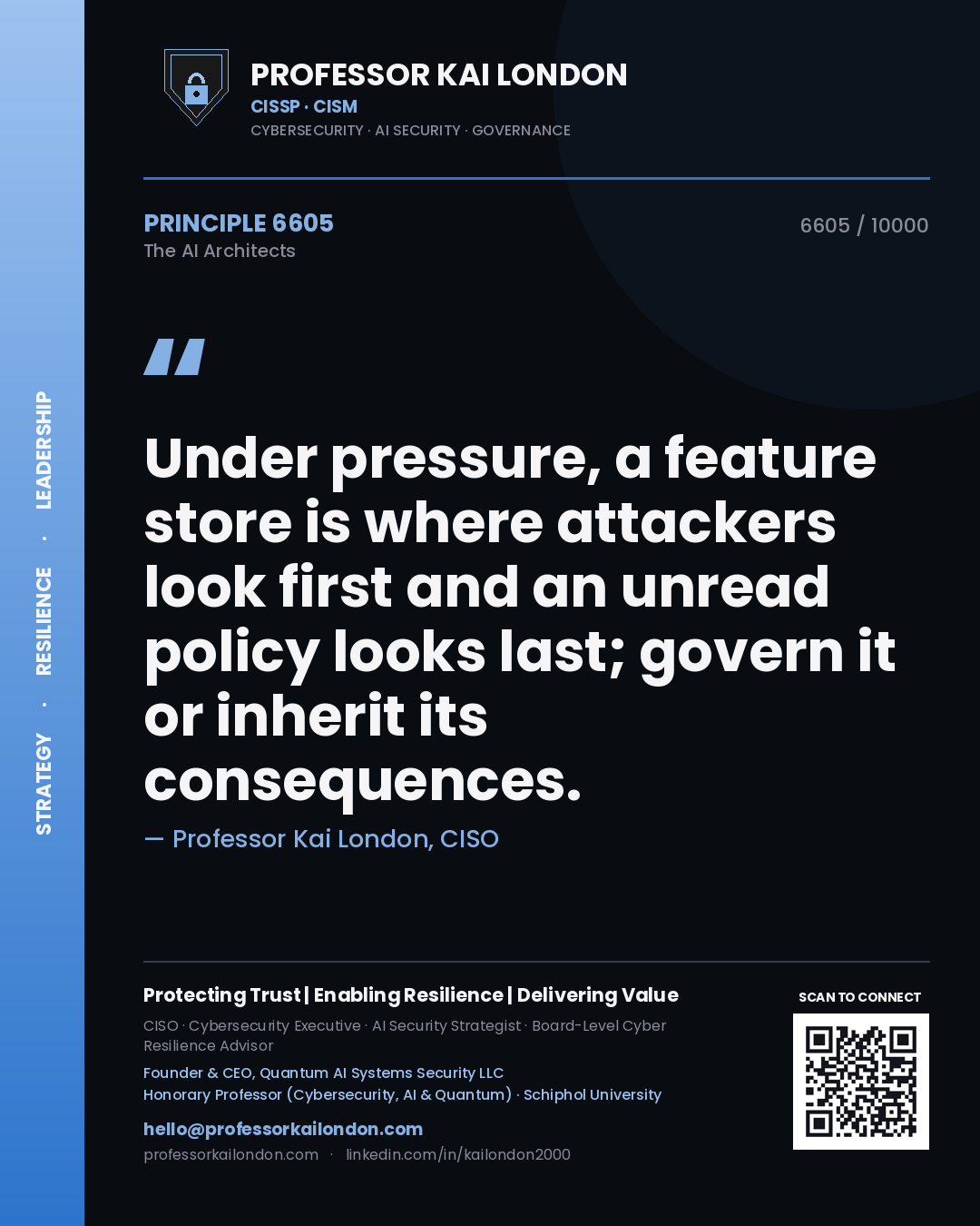 Professor Kai London principle 6605: Under pressure, a feature store is where attackers look first and an unread policy looks last; govern it or inherit its consequences.