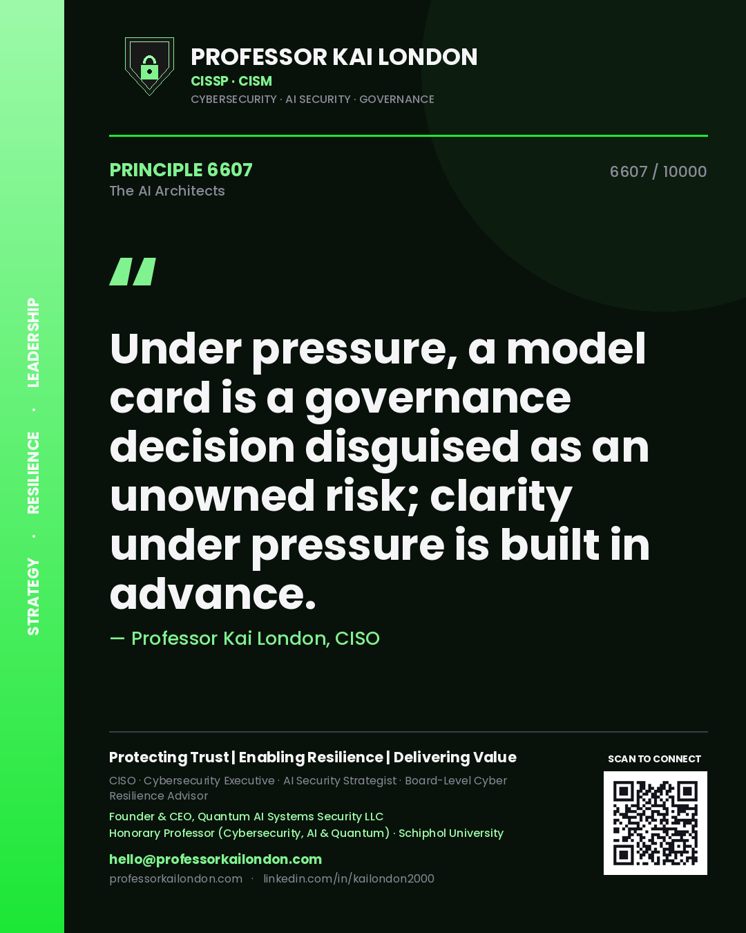 Professor Kai London principle 6607: Under pressure, a model card is a governance decision disguised as an unowned risk; clarity under pressure is built in advance.